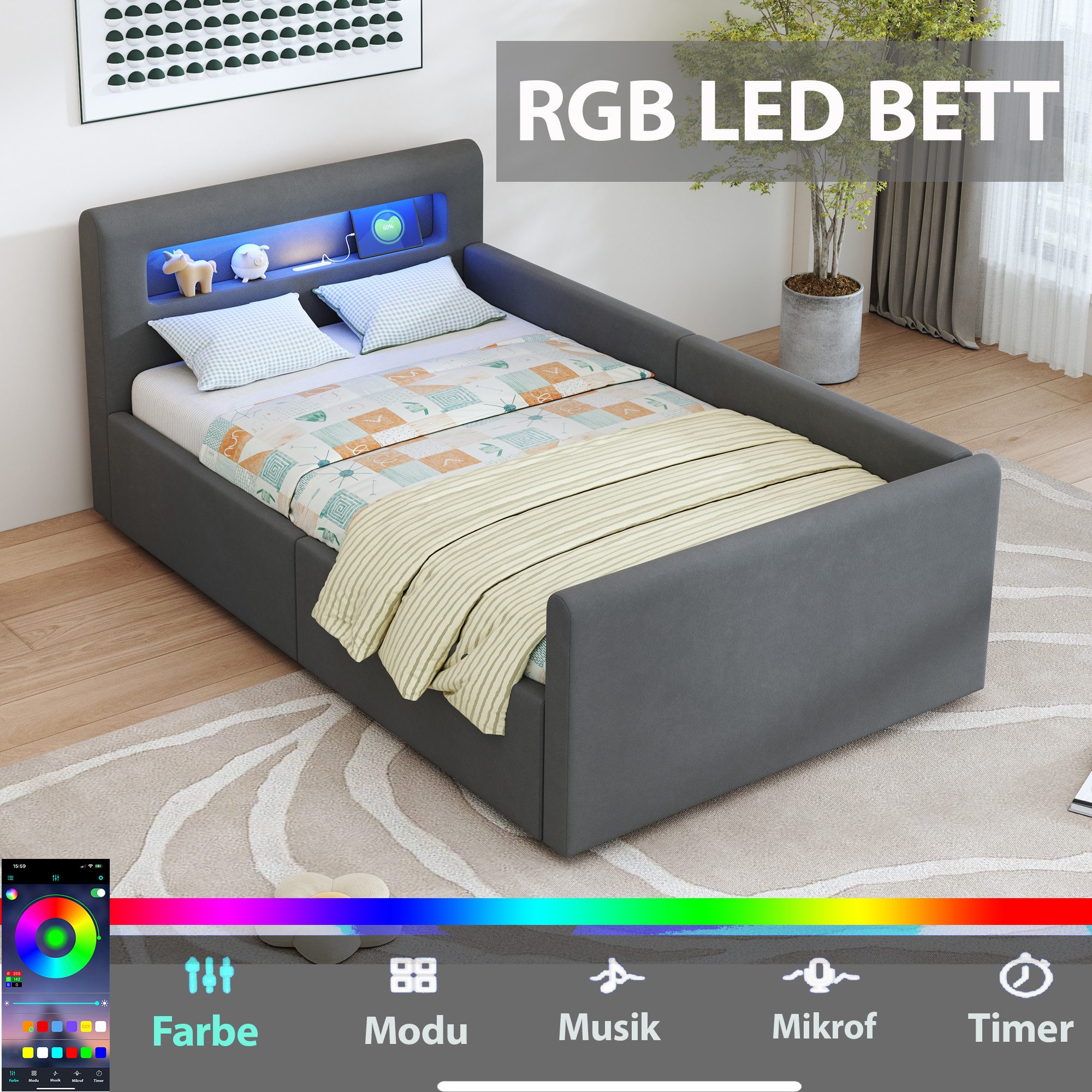 Flieks Polsterbett, Hydraulisches Stauraumbett Kinderbett 90x200cm mit Led günstig online kaufen