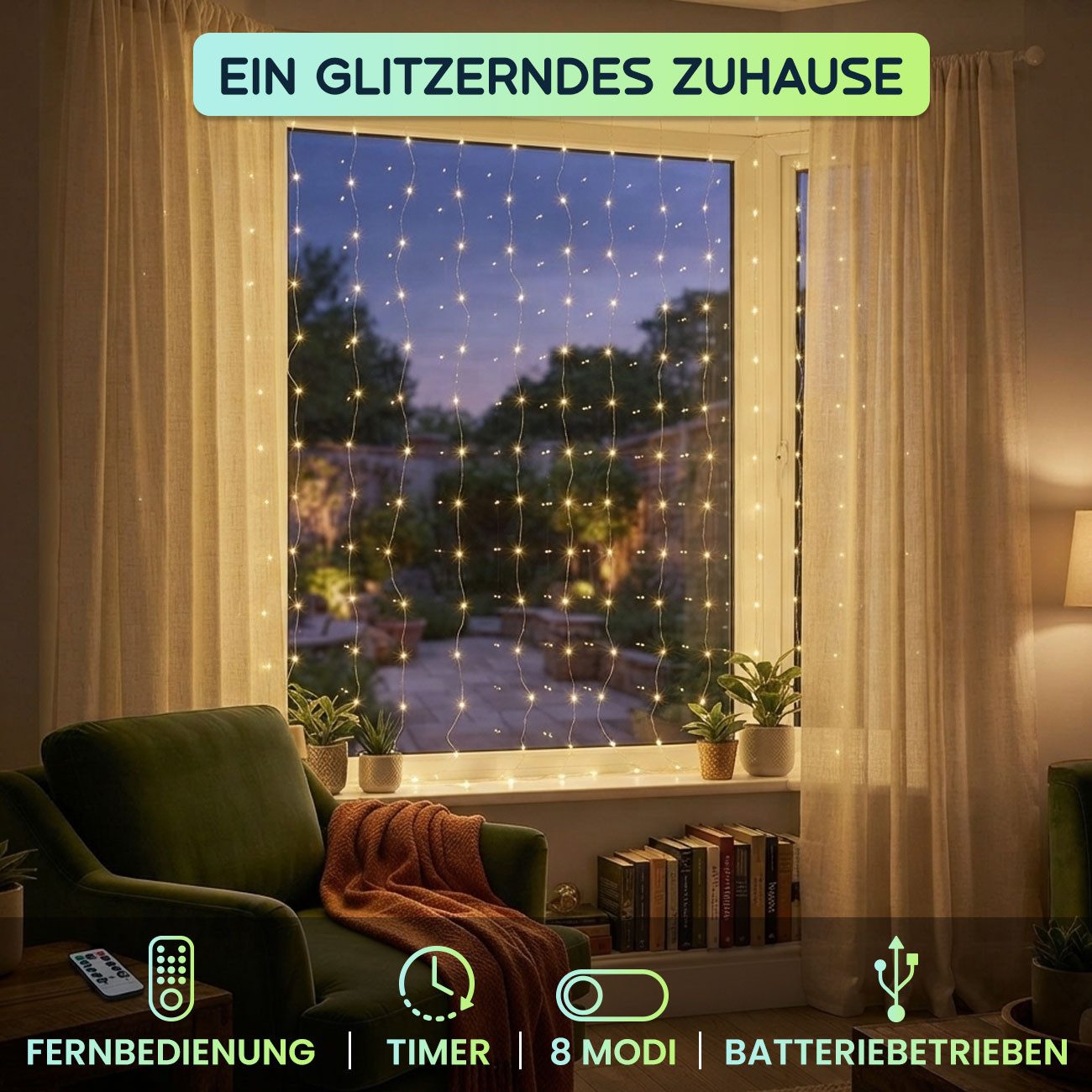 shop'n smile ideoon LED-Lichterkette LED Micro Draht Lichterkette 10m 100 LEDs Warmweiß Timer Fernbedienung, 10m Micro-Drahtlichterkette, 8 Leuchtmodi, Infrarot – Bild 3 von 5