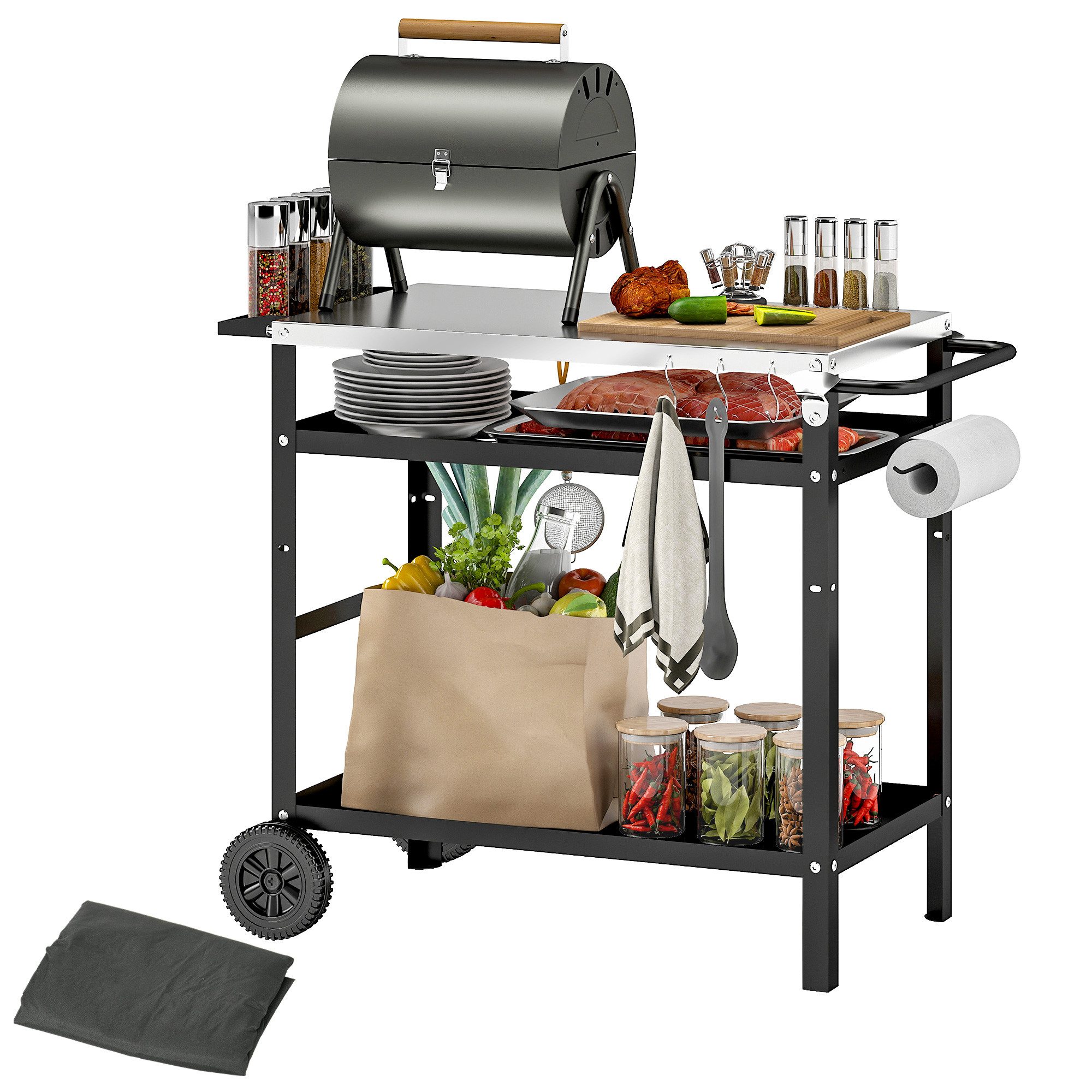 Outsunny Servierwagen Grillwagen 3-Etagen mit Arbeitsfläche Grilltisch Edelstahl, (höhenverstellbar BBQ Grilltisch, 1 St., Grillwagen aus Edelstahl), für Garten, Grill, 100 x 52 x 80cm, Schwarz