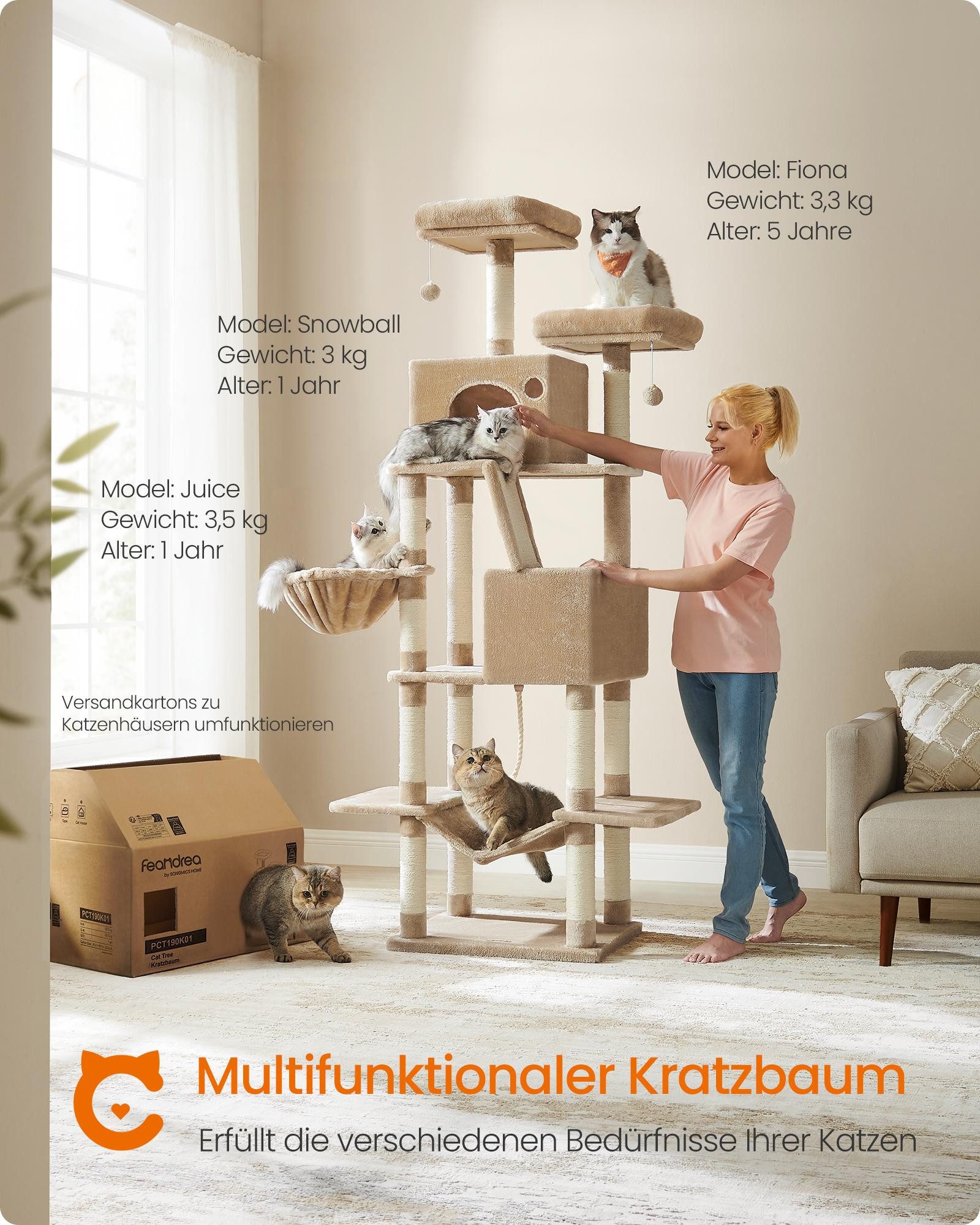 FEANDREA Kratzbaum, Katzenbaum, 168/206 cm(H), mehrstöckig für große Katzen, Kippschutz