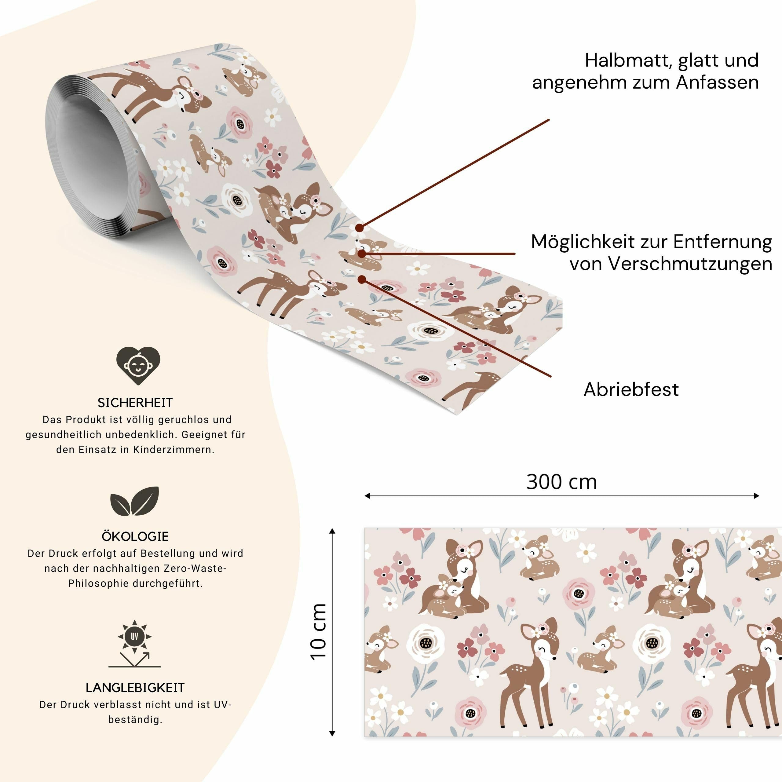 Muralo Bordüre Wandbordüre selbstklebend Kinderzimmer – Tapetenbordüre für Kinder, bedruckt, Hirschkalb und Blumen, 10 x 300 cm, abriebfest, abwischbar – Bild 2 von 5