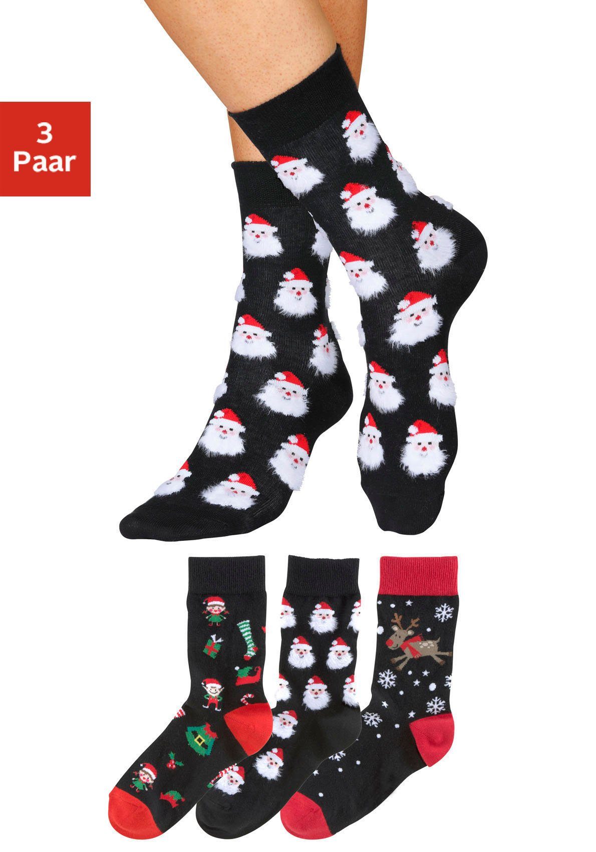 H.I.S Socken (3-Paar) mit lustigen Weihnachtsmotiven 3x schwarz-rot-gemustert | Wintersocken