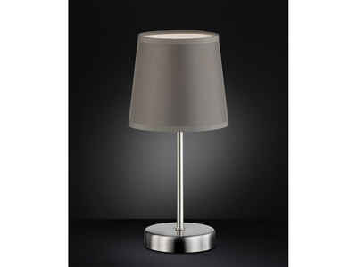 WOFI LED Tischleuchte, Lampenschirm Stoff - Klein - Konisch - Grau, Elegante Lampe Fensterbank im Landhaus-Stil, Nachttischlampe Silber Matt, mit Schnur-Schalter
