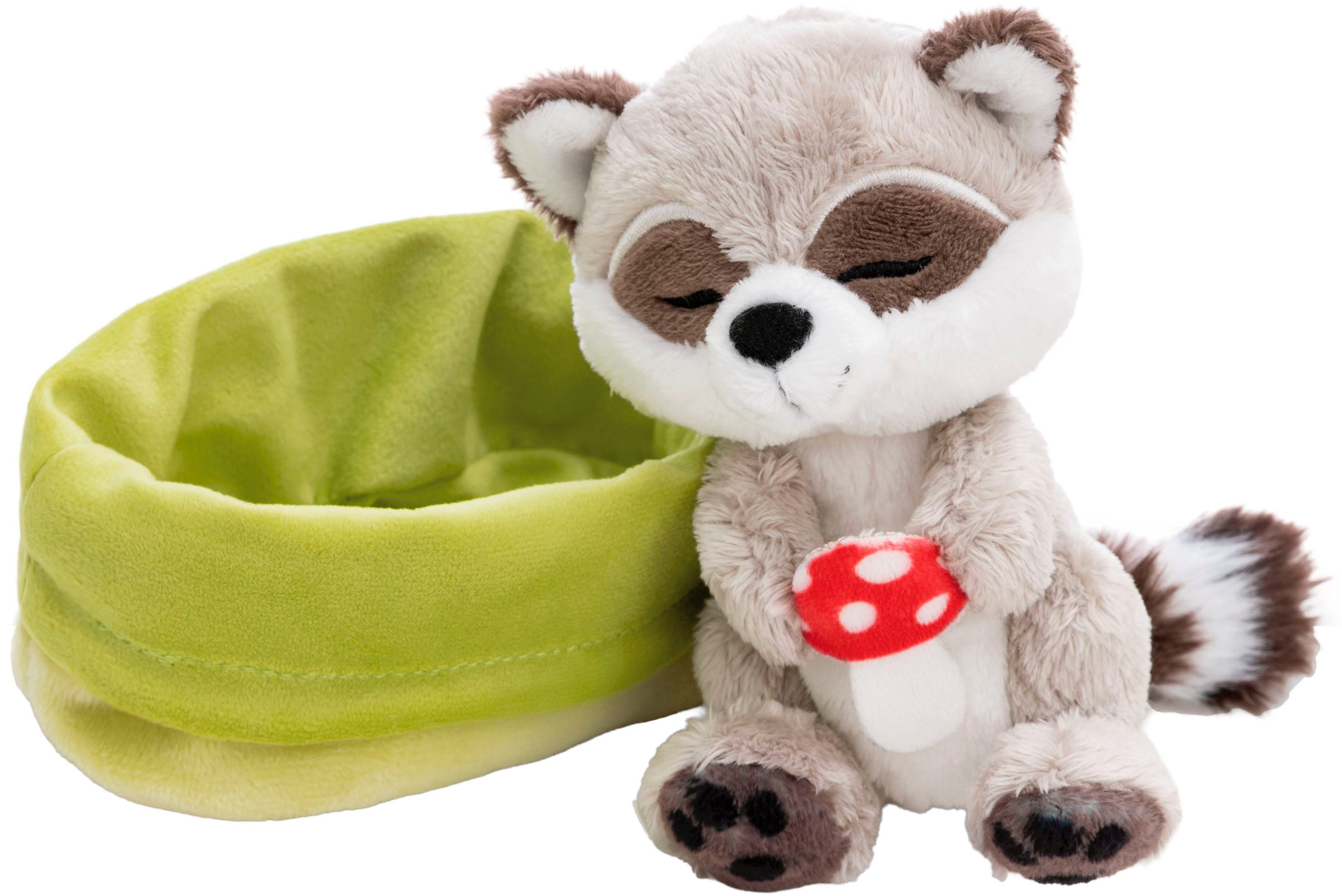 Nici Kuscheltier Sleeping Pets, Waschbär mit Fliegenpilz schlafend im Körbchen