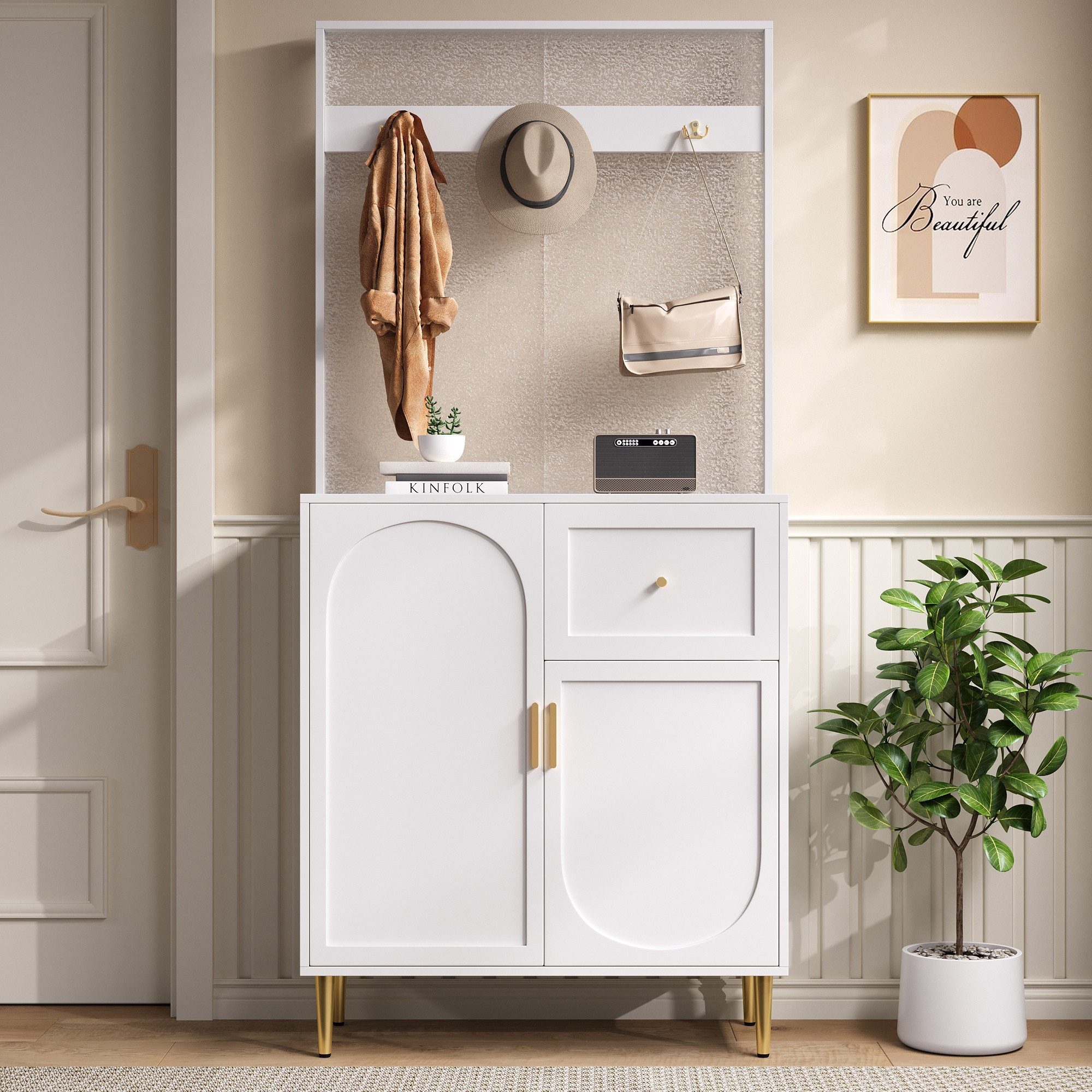 Merax Garderoben-Set mit Soft-Close-Türen, Flurgarderoben Set in Weiß mit Goldakzenten, (Garderobenständer Garderobenschrank Kompaktgarderobe, 1-St., 80x35x175,5 cm), Flurgarderobe mit Schuhschrank, Regal & verstellbaren Einlegeböden