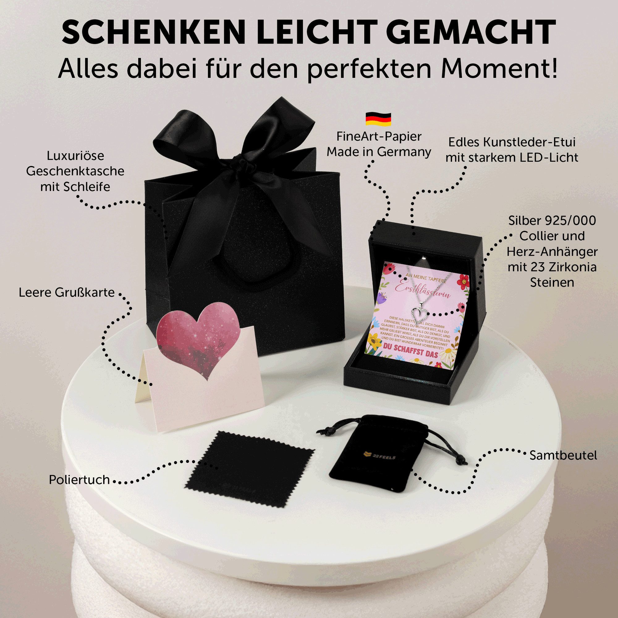 22Feels Schmuckset Mädchen Einschulung Geschenk Schmuck 1. Klasse Schulanfang Halskette, Silber 925/000, Geschenkset Made In Germany, Premium Licht Etui