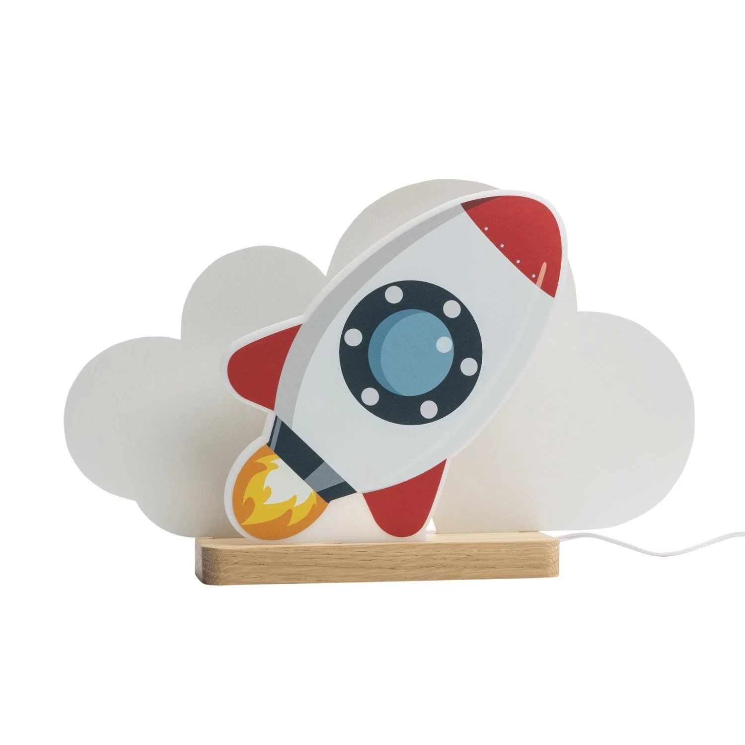 Licht-Erlebnisse Tischleuchte PELLE, LED, Warmweiß, LED Dimmbar B: 35 cm m Rakete Wolke 3000 K 300 lm Holz Acryl Kinder