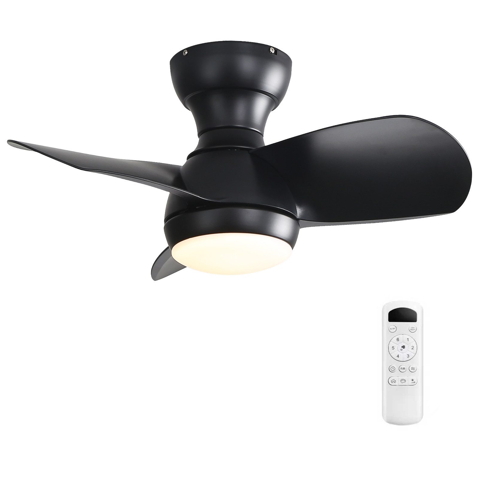 Sofucor Deckenventilator Kleinventilator mit LED-Licht und Fernbedienung, 3 MDF-Flügel, 58cm, Schwarz Timer, 3 Farbtemperatur, 6 Geschwindigkeiten