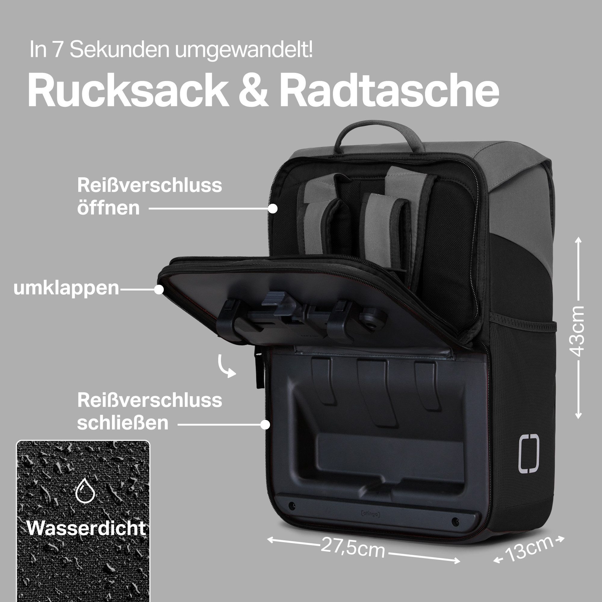 otinga Fahrradtasche Flip Move Fahrradtasche Rucksack Wasserdicht Gepäckträger (19 Liter), 19L Gepäckträgertasche mit Rucksack, Radtasche, in 7 Sekunden umgebau – Bild 2 von 5