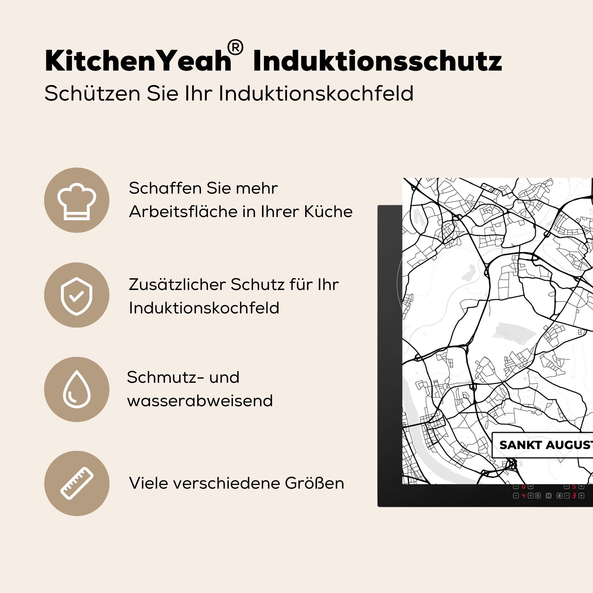 MuchoWow Herdblende-/Abdeckplatte Sankt Augustin Ceranfeldabdeckung, Stadtplan, tlg), cm, - 78x78 (1 - Vinyl, für Arbeitsplatte Karte küche