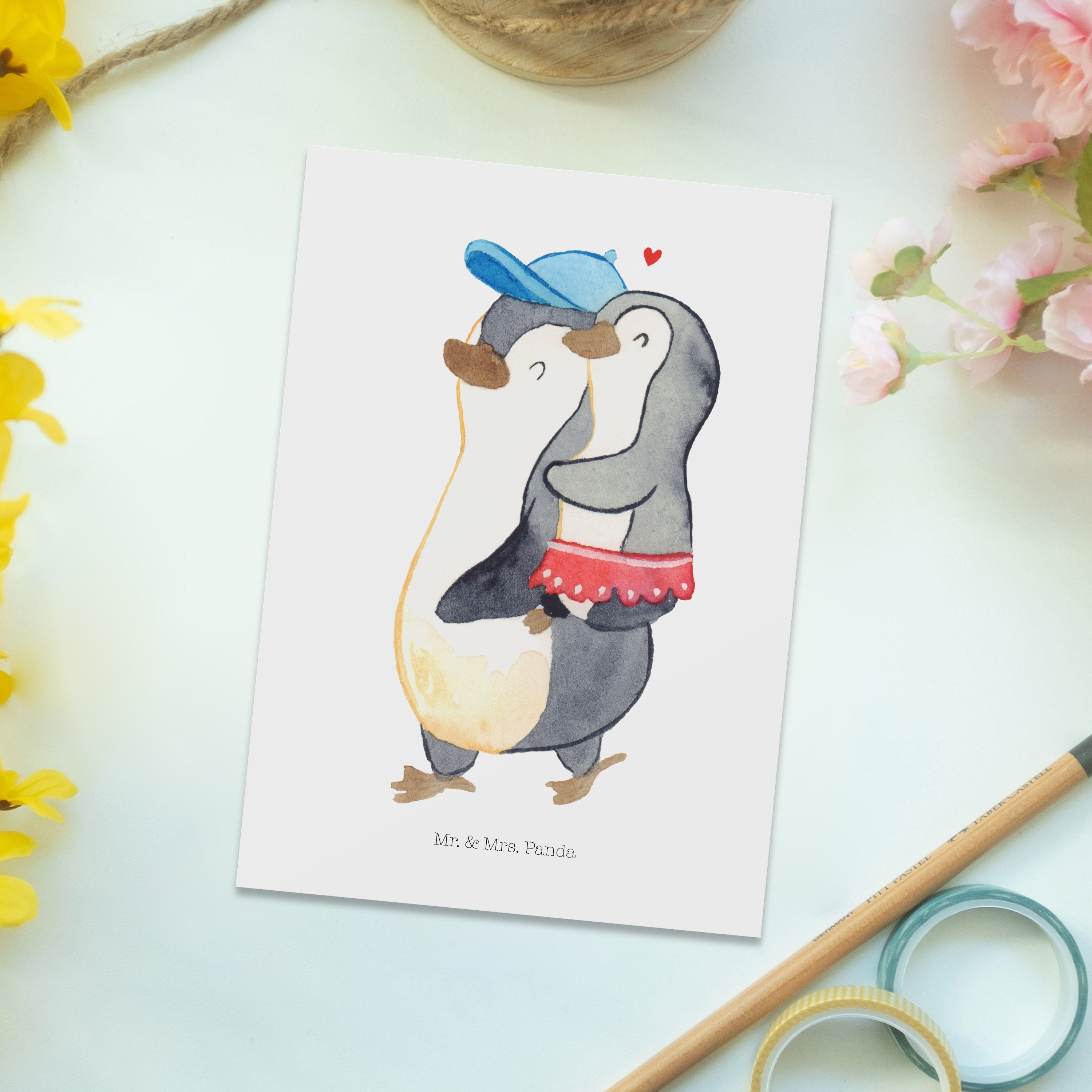 Mrs. Panda Einladungskarte, Postkarte Schwester Opa, - Mr. Kleine - Toc & Geschenk, Pinguin Weiß