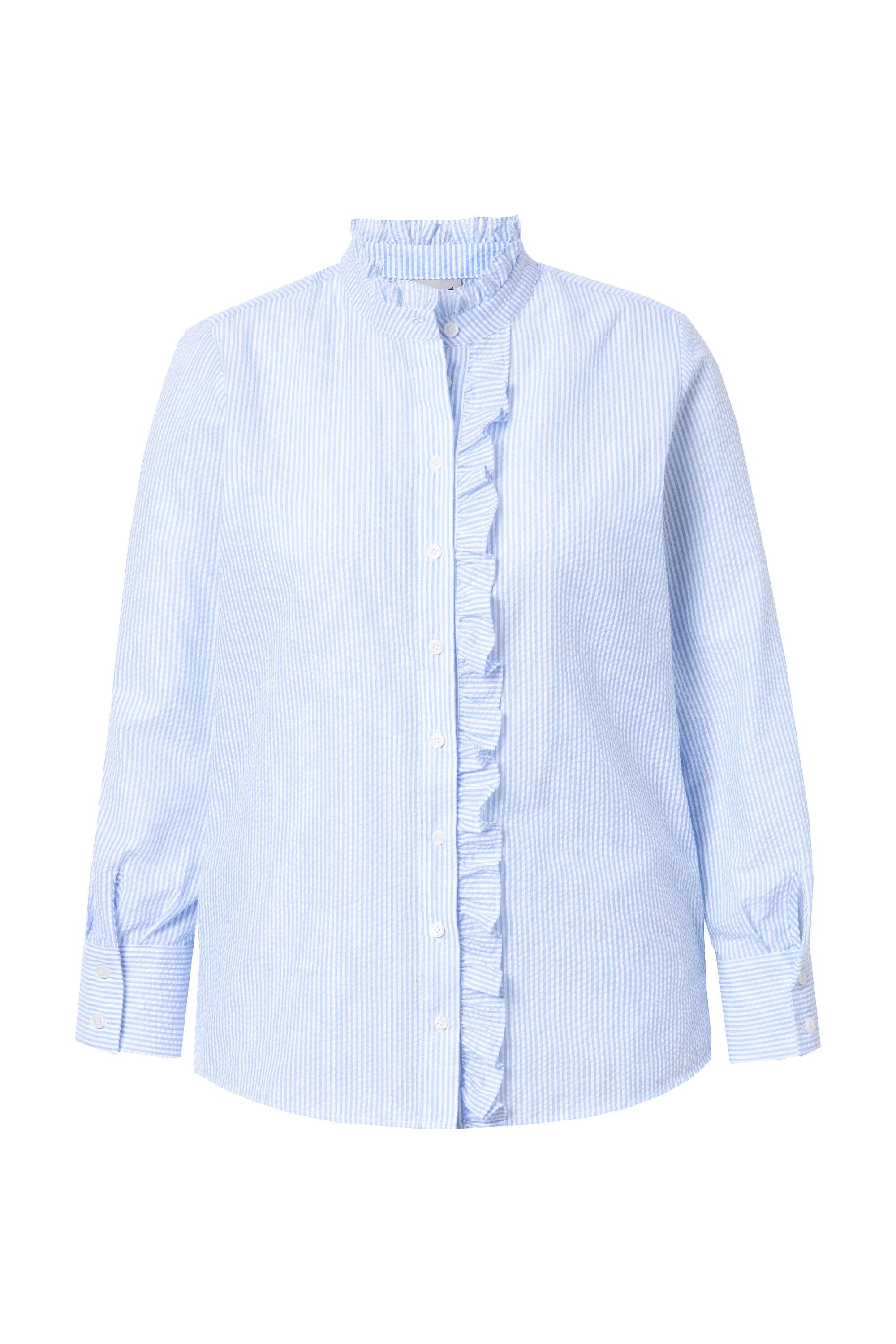 Ulla Popken Trachtenbluse Bubble-Bluse Stehkragen Rüschen-Knopfleiste günstig online kaufen