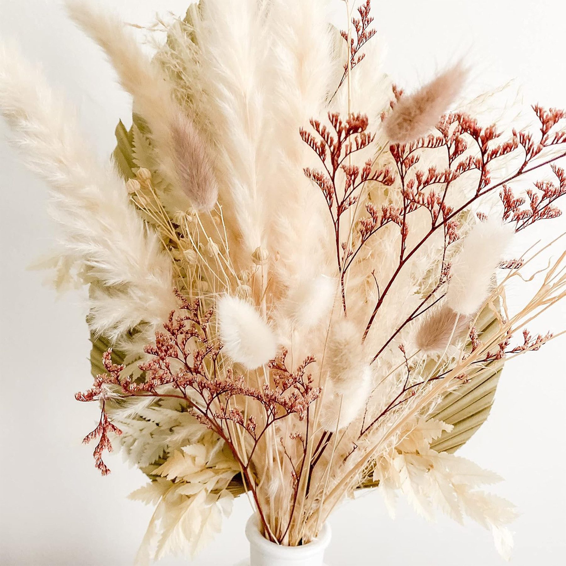 Trockenblume 22 Stück Pampasgras Getrocknet Natürliche Trockenblumen Deko Flowers Palmfächerblatt,kleine Rohrkolben,Bergfarnblatt,Glücksbohnenzweige,Lagurus,rote Liebesgraszweige, Mutig, DIY Trockene Blüten Strauß for Boho Wohnzimmer-Schlafzimmer-und Vasen