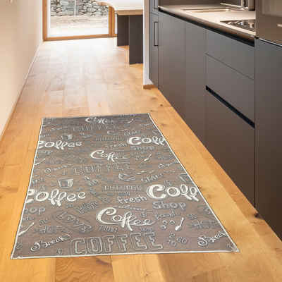 Teppich Waschbarer Küchen-Teppich mit „Coffee“ Schriftzug in weiß, TeppichHome24, rechteckig, Höhe: 5 mm