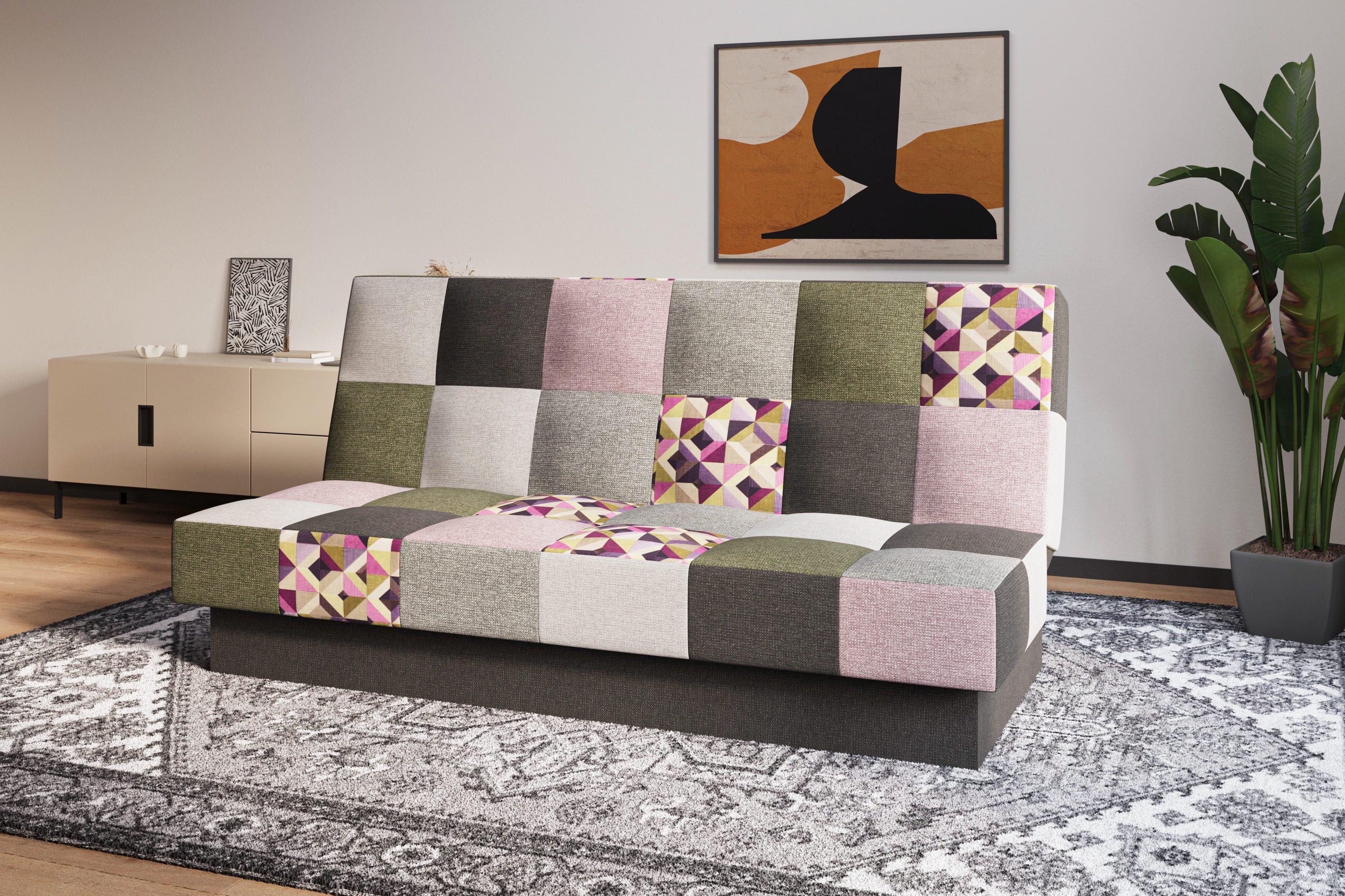 MOEBLO Schlafsofa CYPRUS Patchwork, – Sofa Kippsofa Klappsofa Click-Clack Couch für Wohnzimmer Federkern Sofagarnitur Polstersofa, mit Bettkasten und Schlaffunktion (BxHxT): 192x85x92 cm