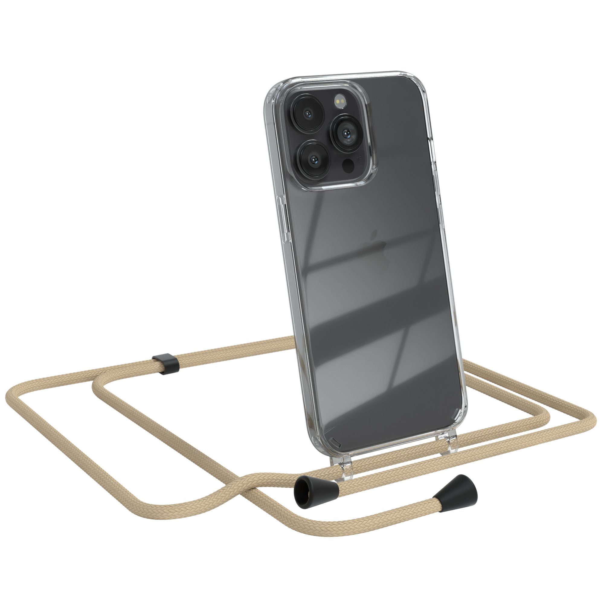 EAZY CASE Handykette Kette Clips Schwarz für Apple iPhone 13 Pro 6,1 Zoll, Handykordel Umhängetasche für Handy Hülle durchsichtig Beige Taupe