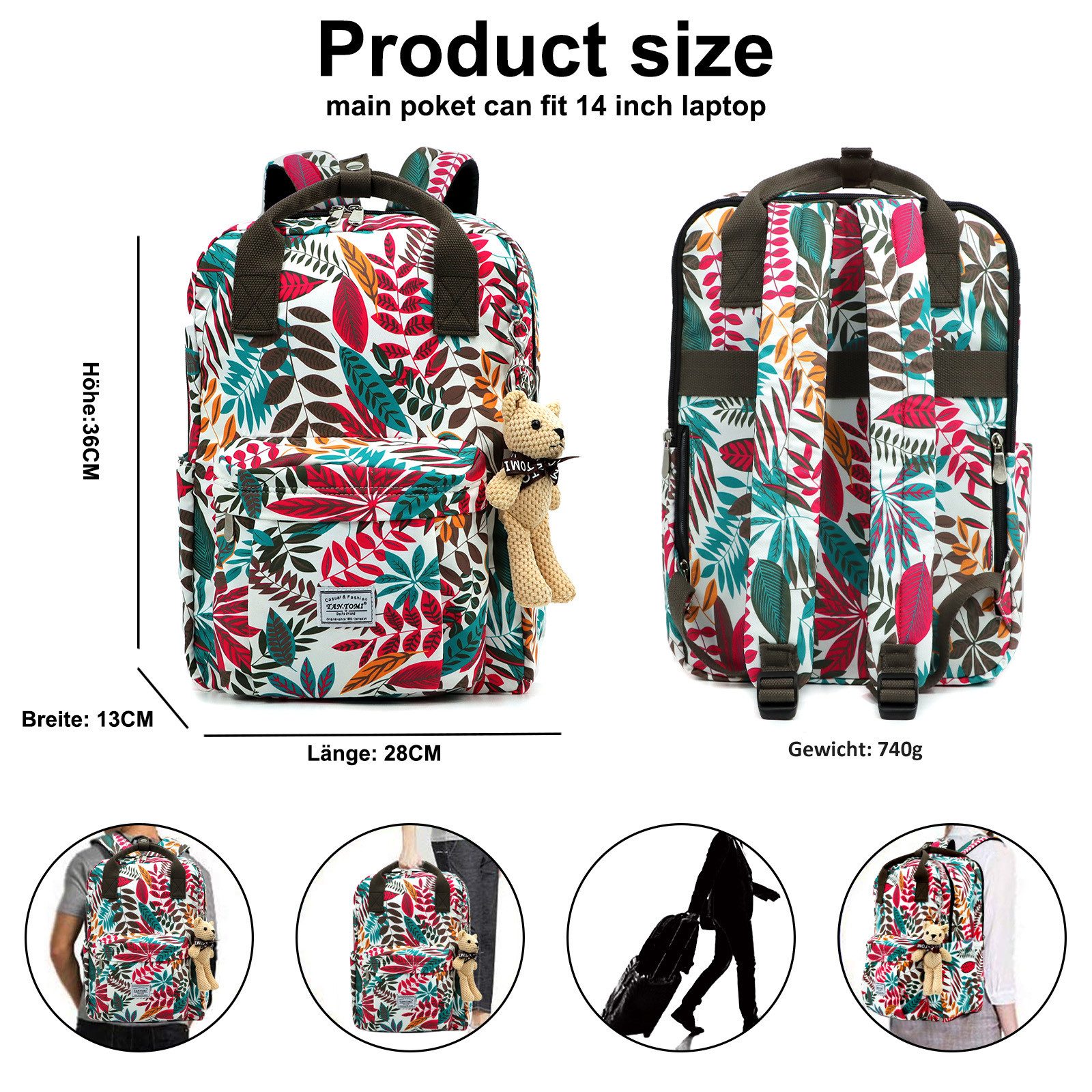TAN.TOMI Schulrucksack Schulrucksäcke Teenager Mädchen, Tagesrucksack mit Laptopfach (Mitgeliefert wird ein kleiner Teddybär-Anhänger), Schultasche Mädchen, Casual Rucksack Teenager Mädchen