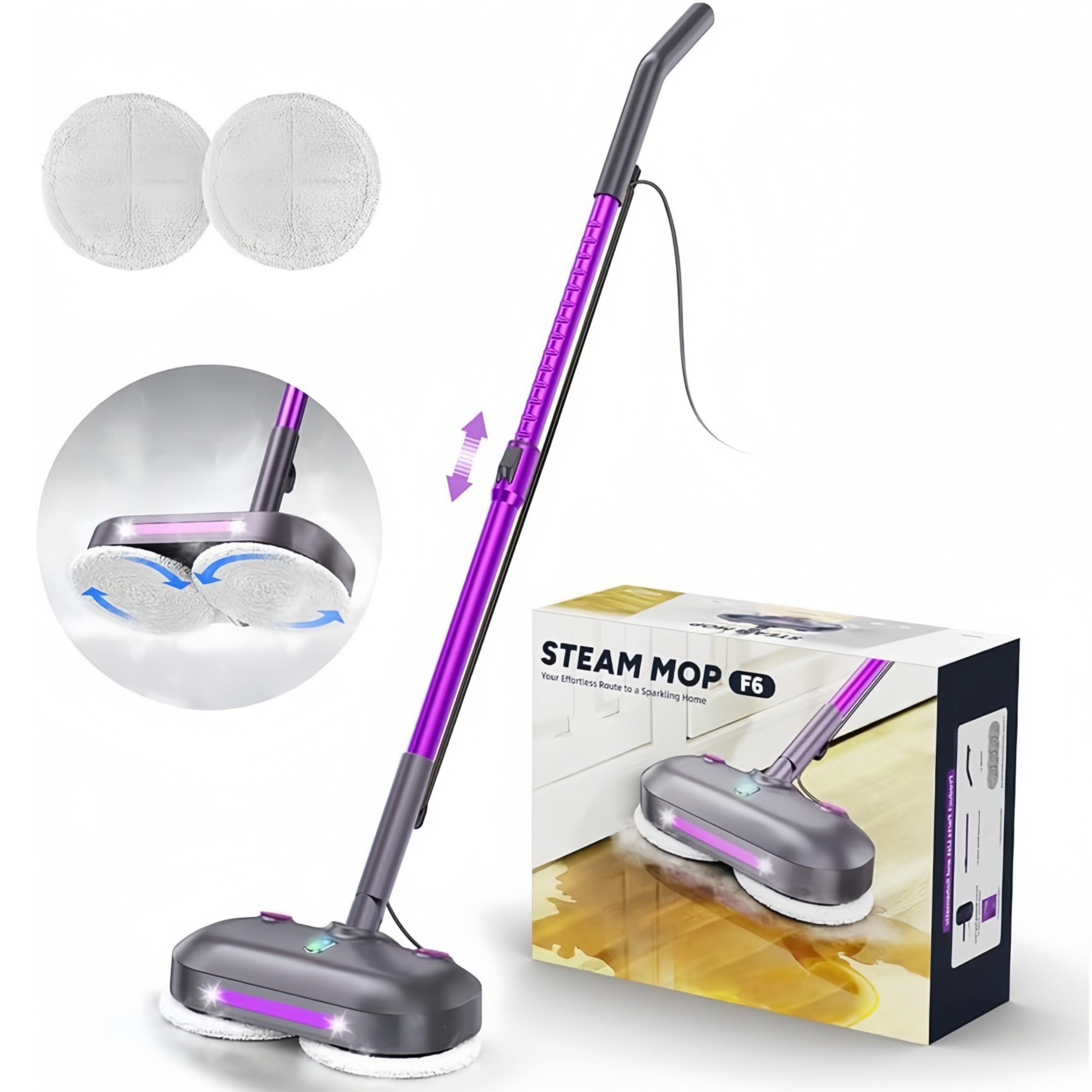 INSE Dampfreiniger F6 E-rotier-Dampfmop mit 450‑ml‑Wassertank/höhenverstellbar/LED‑Blt., 1500 W, 4 waschbare Mikrofaser‑Pads/7m Netzkabel für Fliesen/Laminat/Hartböden