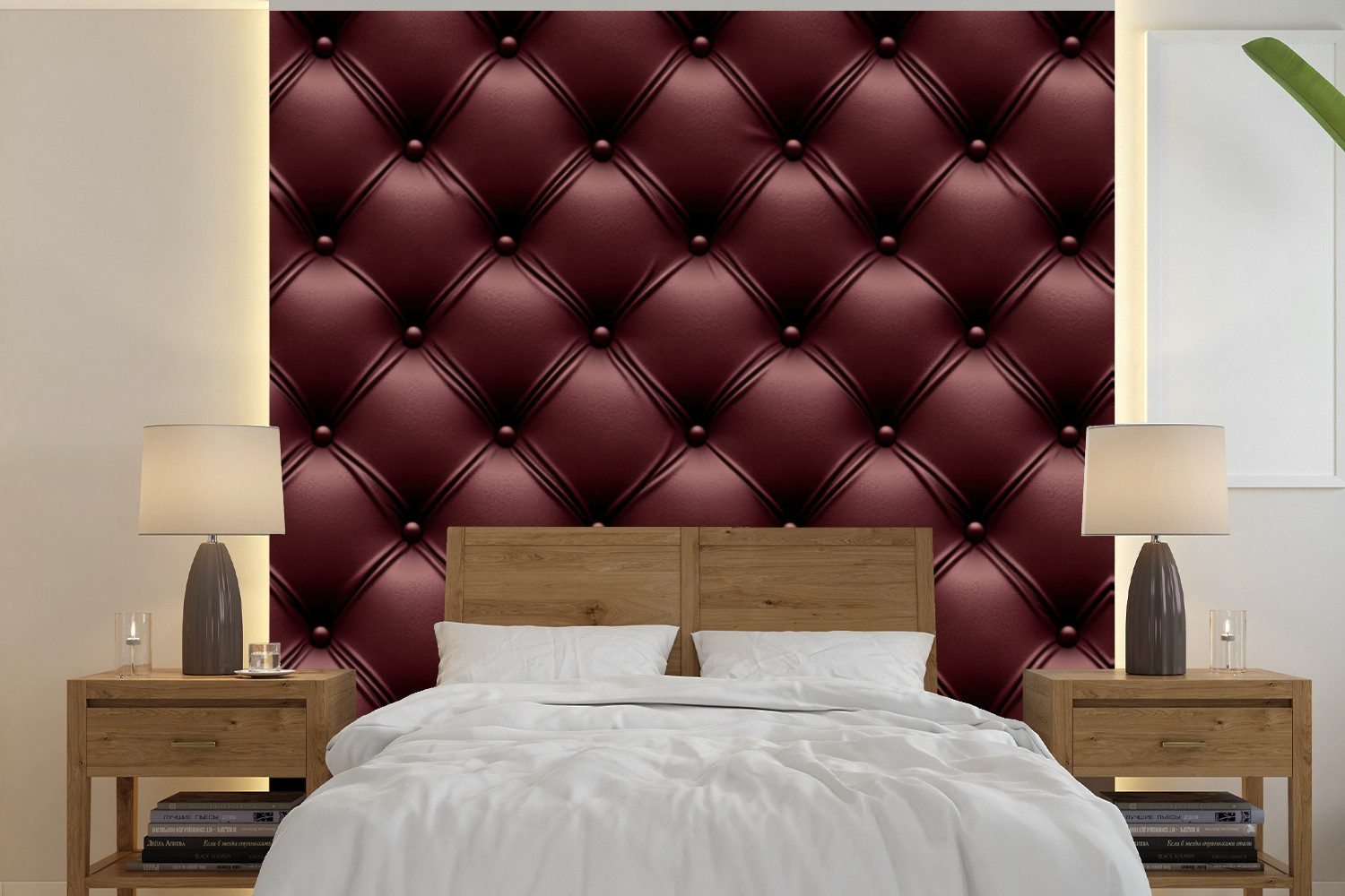 MuchoWow Fototapete Leder - Muster - Bordeaux, Matt, bedruckt, Vinyl Tapete für Wohnzimmer oder Schlafzimmer, Wandtapete, 280x280 cm