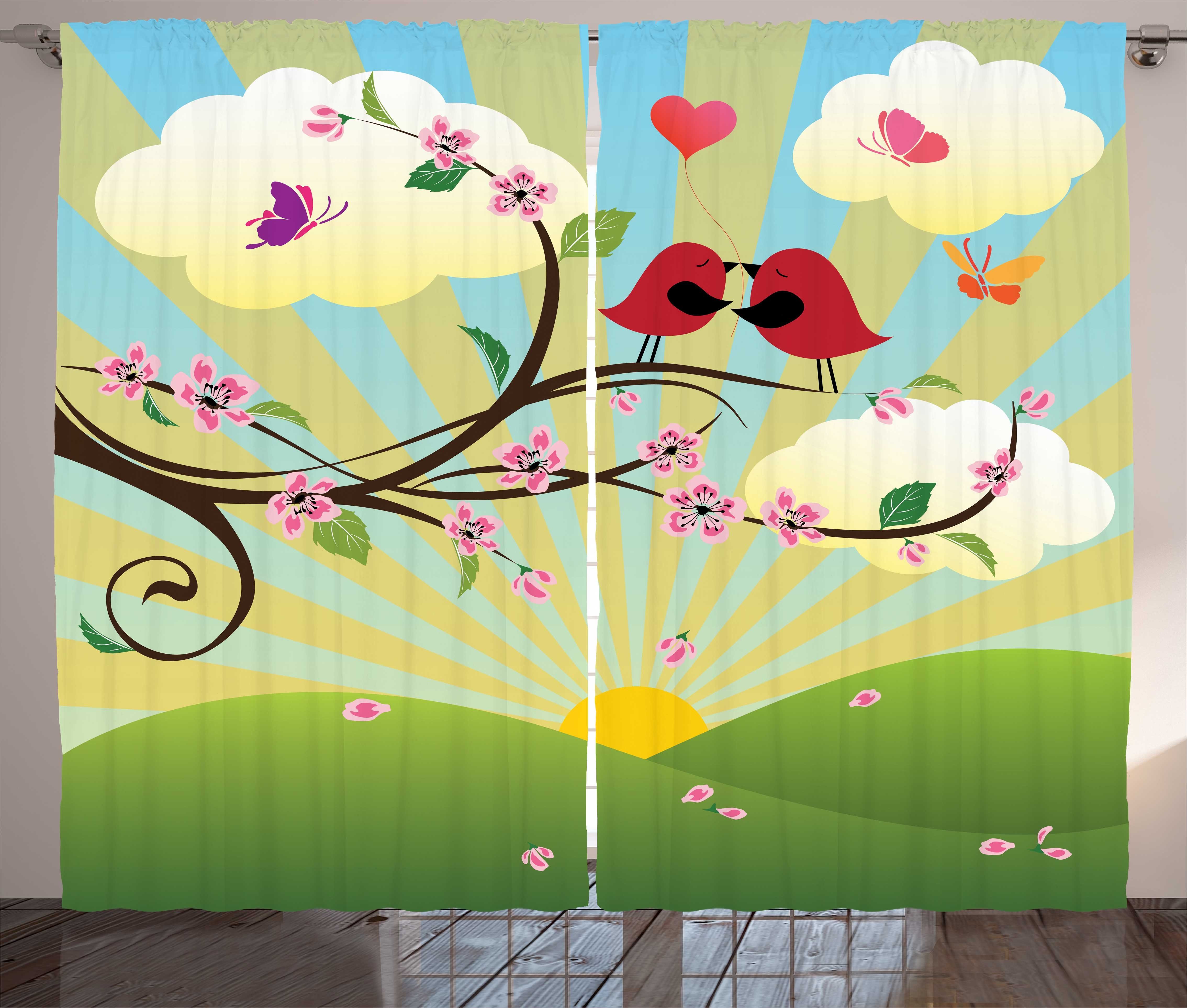 Gardine Schlafzimmer Kräuselband Vorhang mit Schlaufen und Haken, Abakuhaus, Blumen-Landschaften Vögel auf einem Baum