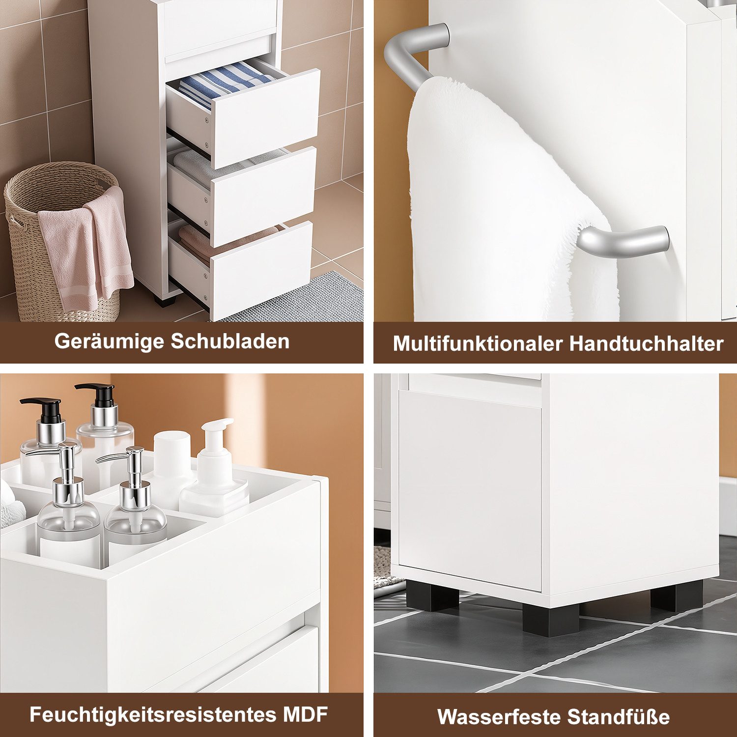 oyajia Badkommode Badezimmerschrank Badschrank Beistellschrank (Badschrank schmal, mit 3 Schubladen, 4 Fächern) – Bild 5 von 5