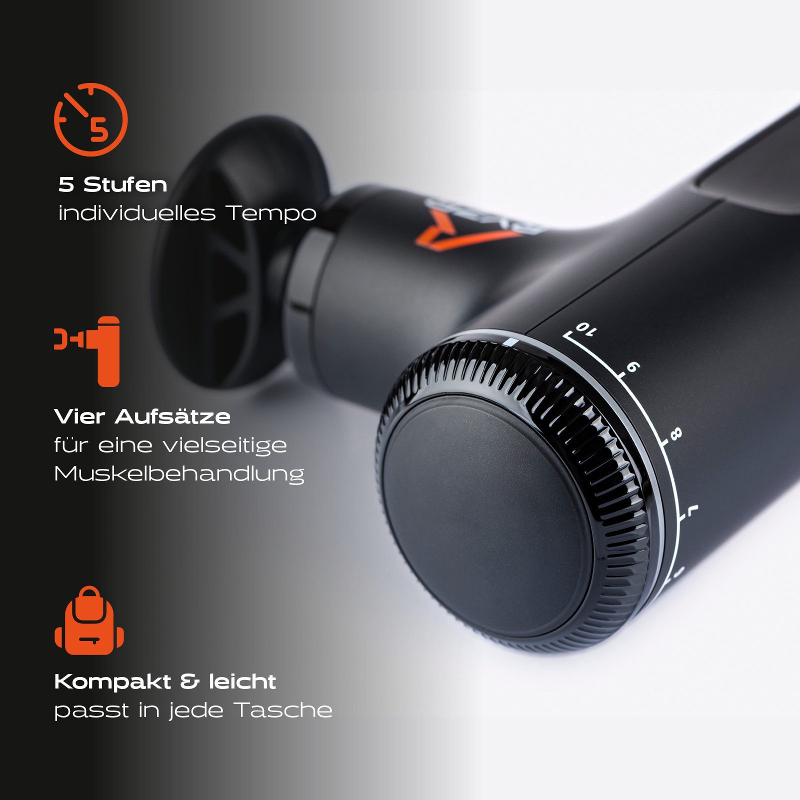 RYZR Massagepistole RYZR Variogun - verstellbare Massagetiefe, 5 Stufen, 4 Aufsätze, individuell anpassbar für empfindliche & tiefe Muskelbereiche