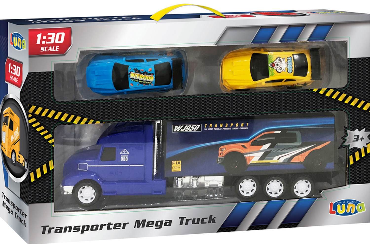 Diakakis Spielzeug-Transporter Lastwagen 40cm Hauben LKW Auflieger 2 Rennwagen