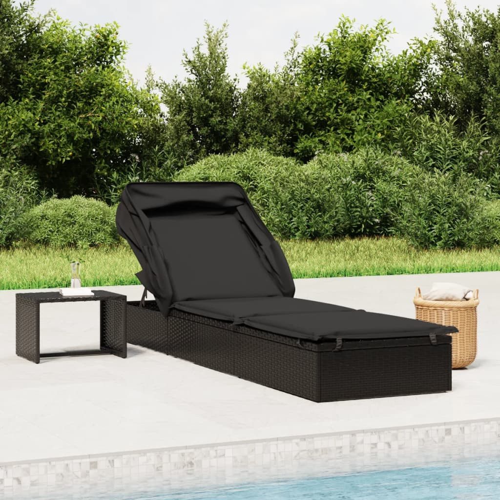 furnicato Gartenliege Sonnenliege mit Dach 213x63x97 cm Schwarz PE-Rattan & Stahl, Witterungsbeständiges Garten-Sofabett mit verstellbarer Sitzfläche