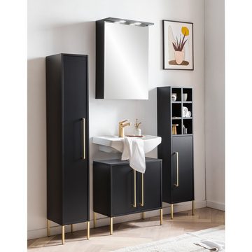 Lomadox Waschbeckenunterschrank SARAY-80 Badschrank Badezimmer Unterschrank schwarz, goldfarben 57x61x30 cm