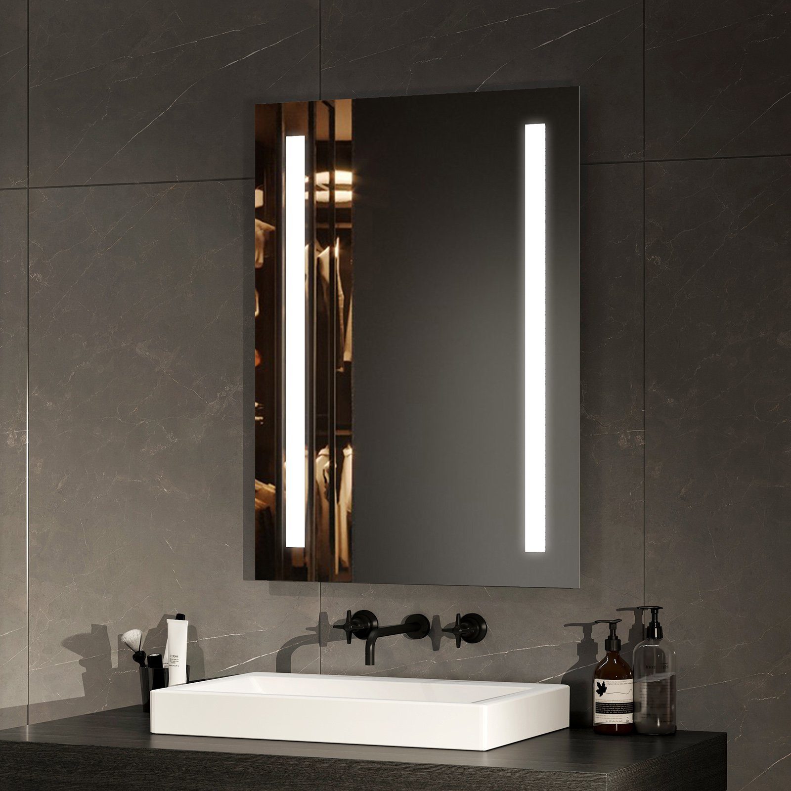 EMKE Badspiegel LED Badspiegel Wandspiegel mit Beleuchtung Lichtspiegel, mit Taste und Beschlagfrei, 2 Lichtfarbe Warmweiß/Kaltweiß