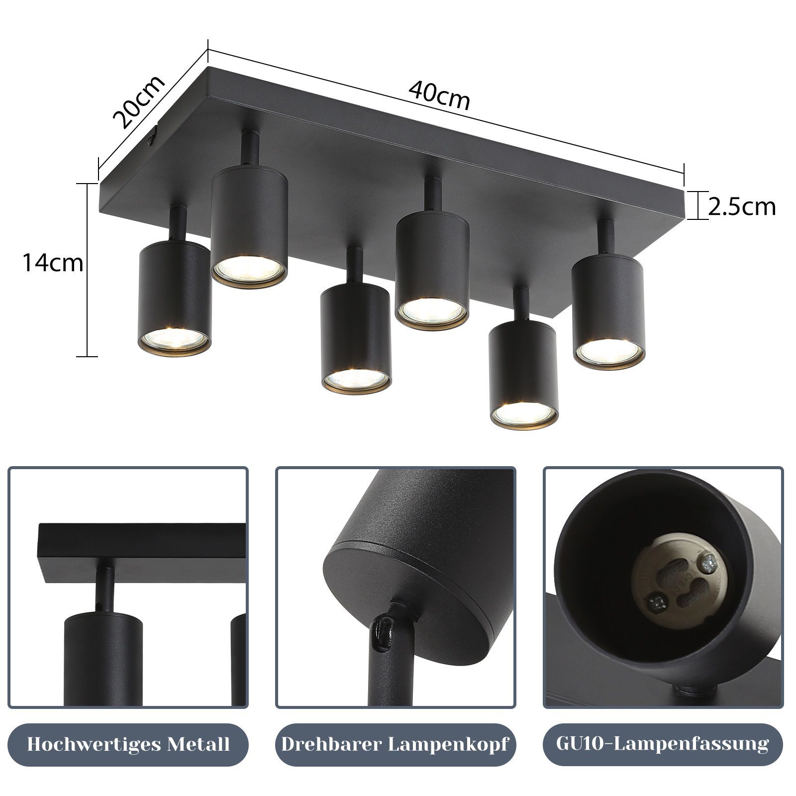 Modern, integriert, LED ZMH 6 für 330°Schwenkbar Spots Flammig Deckenspots GU10 Leuchtmittel, Wandstrahler Schlafzimmer, Wohnzimmer LED Deckenstrahler fest Schwarz Ohne