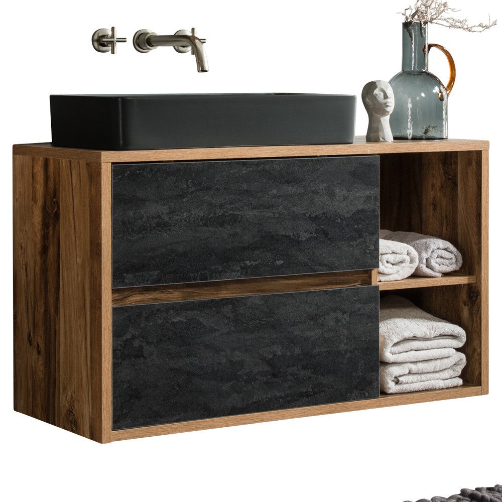 Lomadox Waschbeckenschrank HARLOW-56 Eiche mit Beton Dunkel 100/71/46 cm