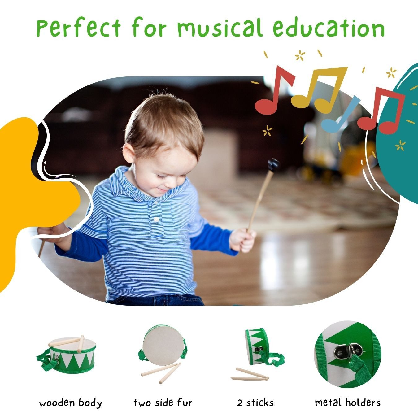 GICO Spielzeug-Musikinstrument Trommel für Kinder grün/weiss – Holz, 20 cm - 3845g