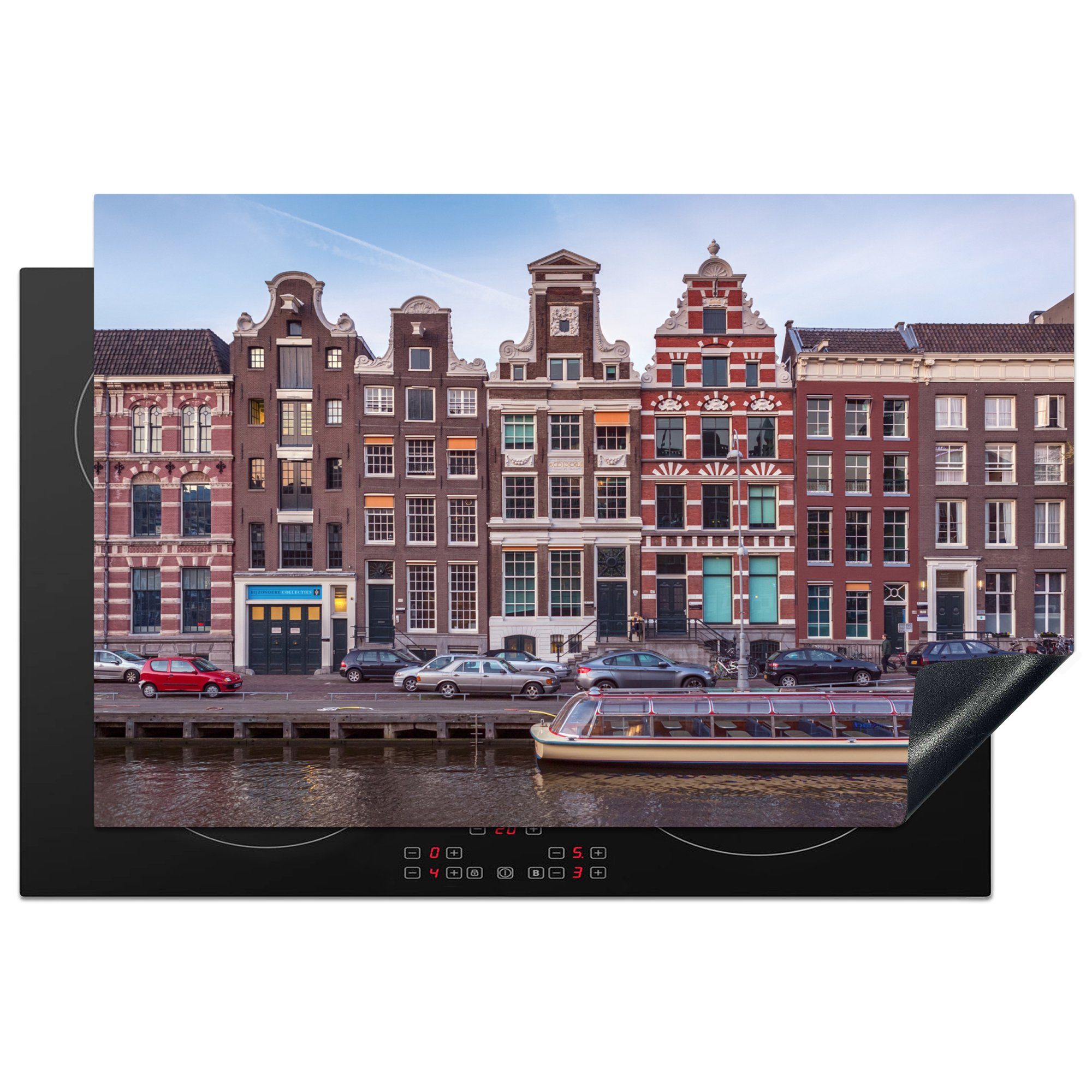 MuchoWow Herdblende-/Abdeckplatte Grachtenhäuser in Amsterdam, Vinyl, (1 tlg), 81x52 cm, Induktionskochfeld Schutz für die küche, Ceranfeldabdeckung