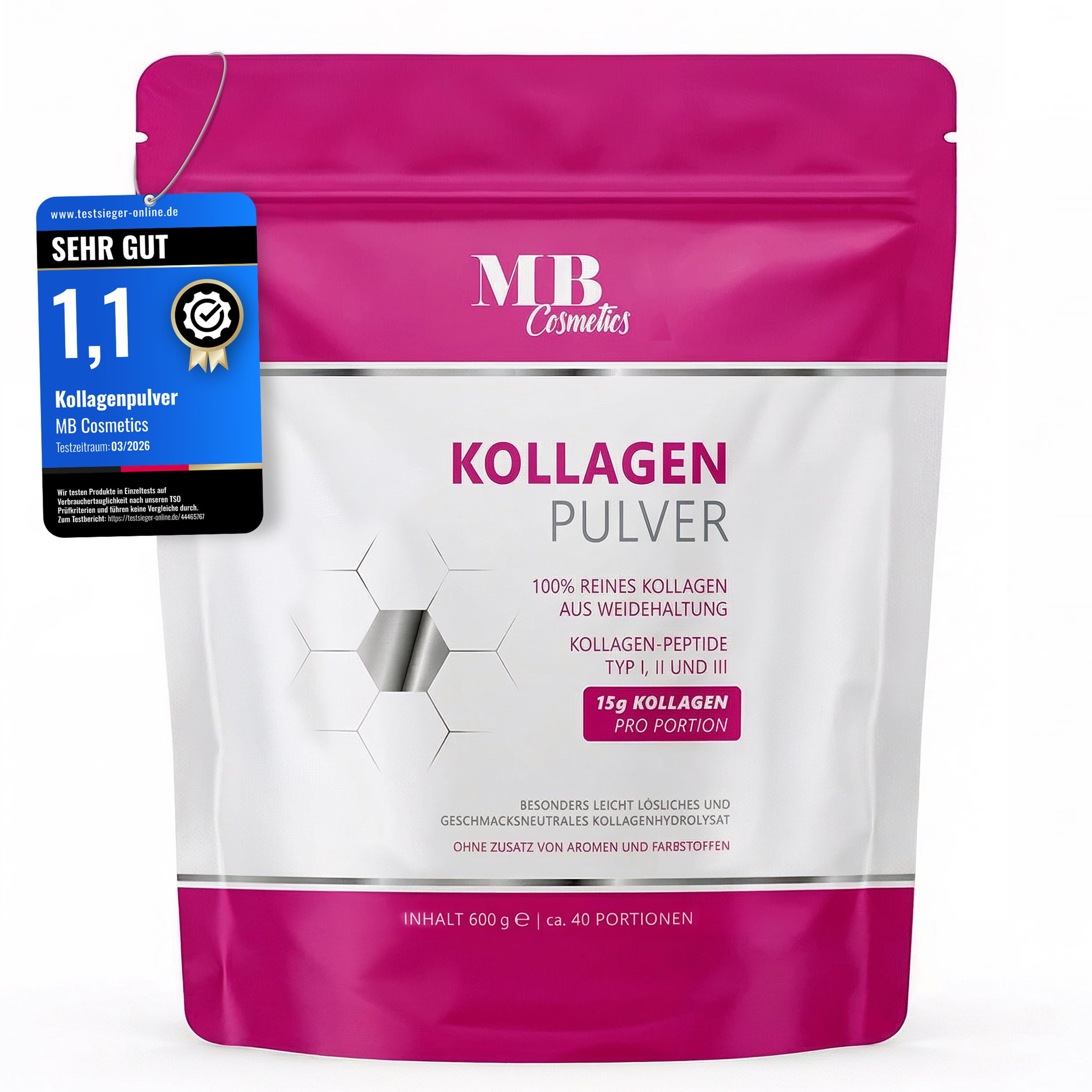 Medical Beauty Cosmetics Kollagen Pulver 600 g geschmacklos - 100% reines Kollagen Hydrolysat Pulver, 1 er Packung à 600 g, Laborgeprüft, Geschmacks- und geruchsneutral, Glutenfrei, Laktosefrei