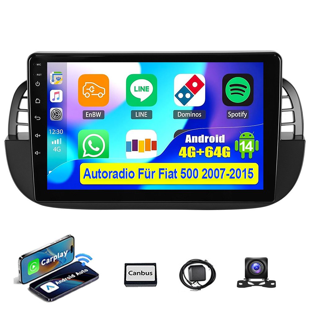 9" Android 14 DAB+ Für Fiat 500 2007-2015 GPS Navi RDS WIFI Carplay Autoradio