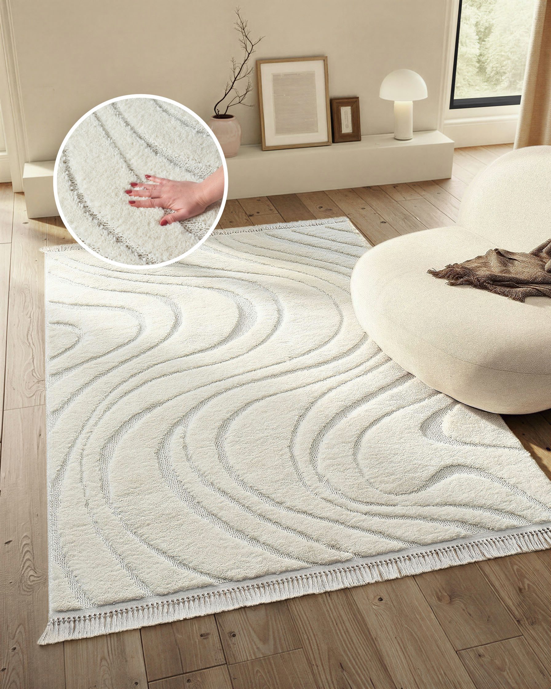 homsy by Ana Johnson Teppich Waavy mit Fransen, Wellen Design, rechteckig, Höhe: 20 mm, Boho, 3D Optik, Scandi, Hoch-Tief, Wohnzimmer, Schlafzimmer