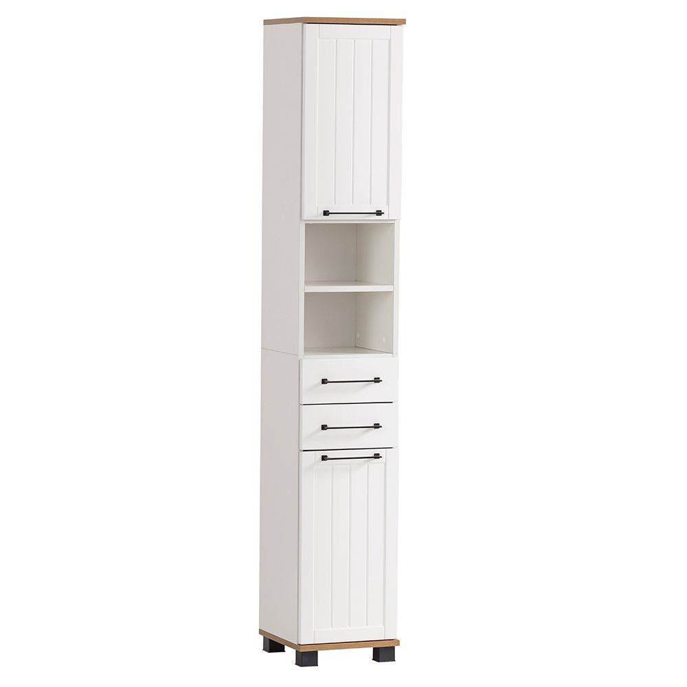 Lomadox Hochschrank JAUSA-80 Badmöbel im Landhaus-Stil, matt weiß mit Eiche Nb., 30,3/180,9/32,6cm