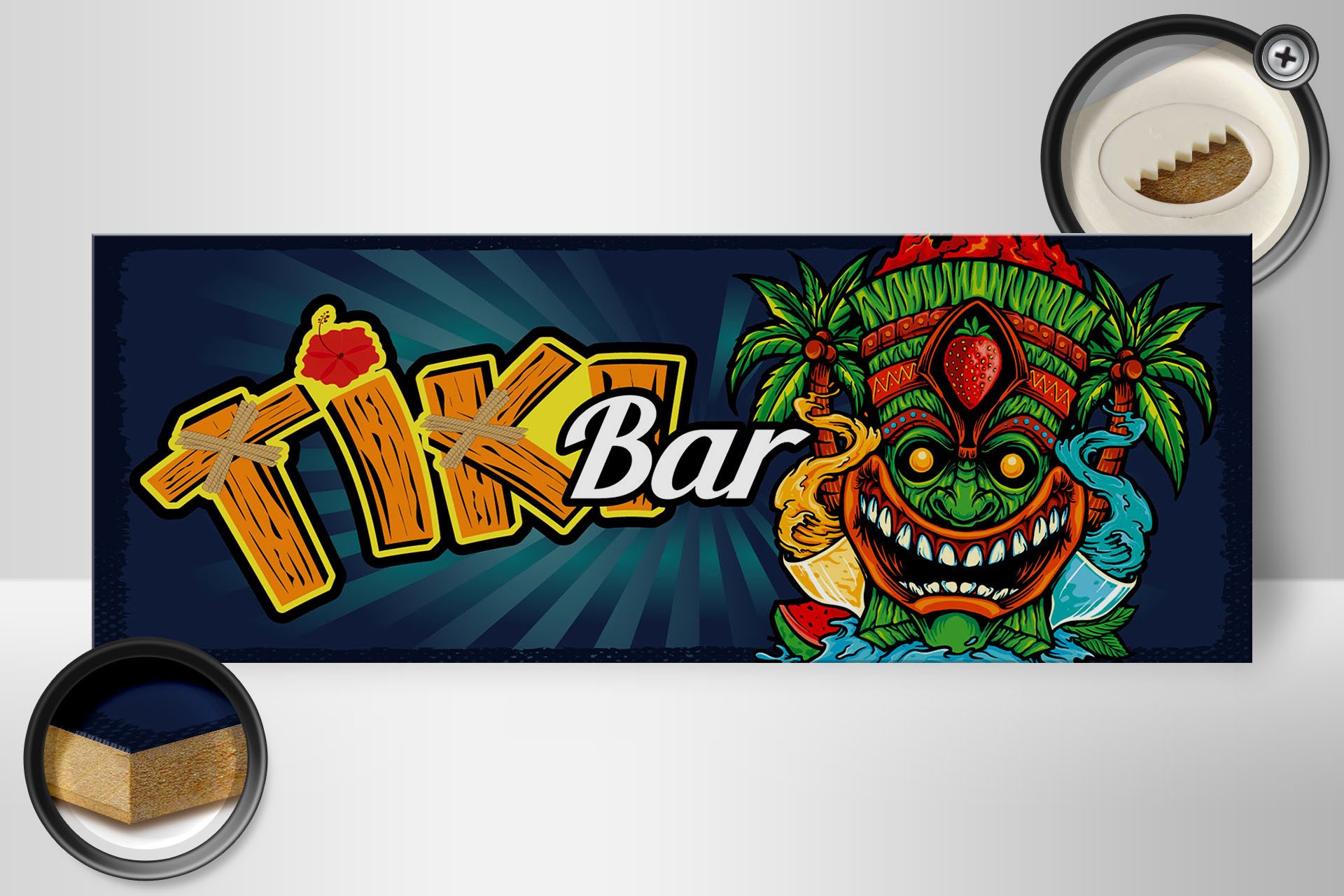 Femer GmbH Holzbild Hinweis 27x10 cm Tiki Bar buntes, (1 St), Glatte Holzfaserplatte (MDF), vorn beschichtet