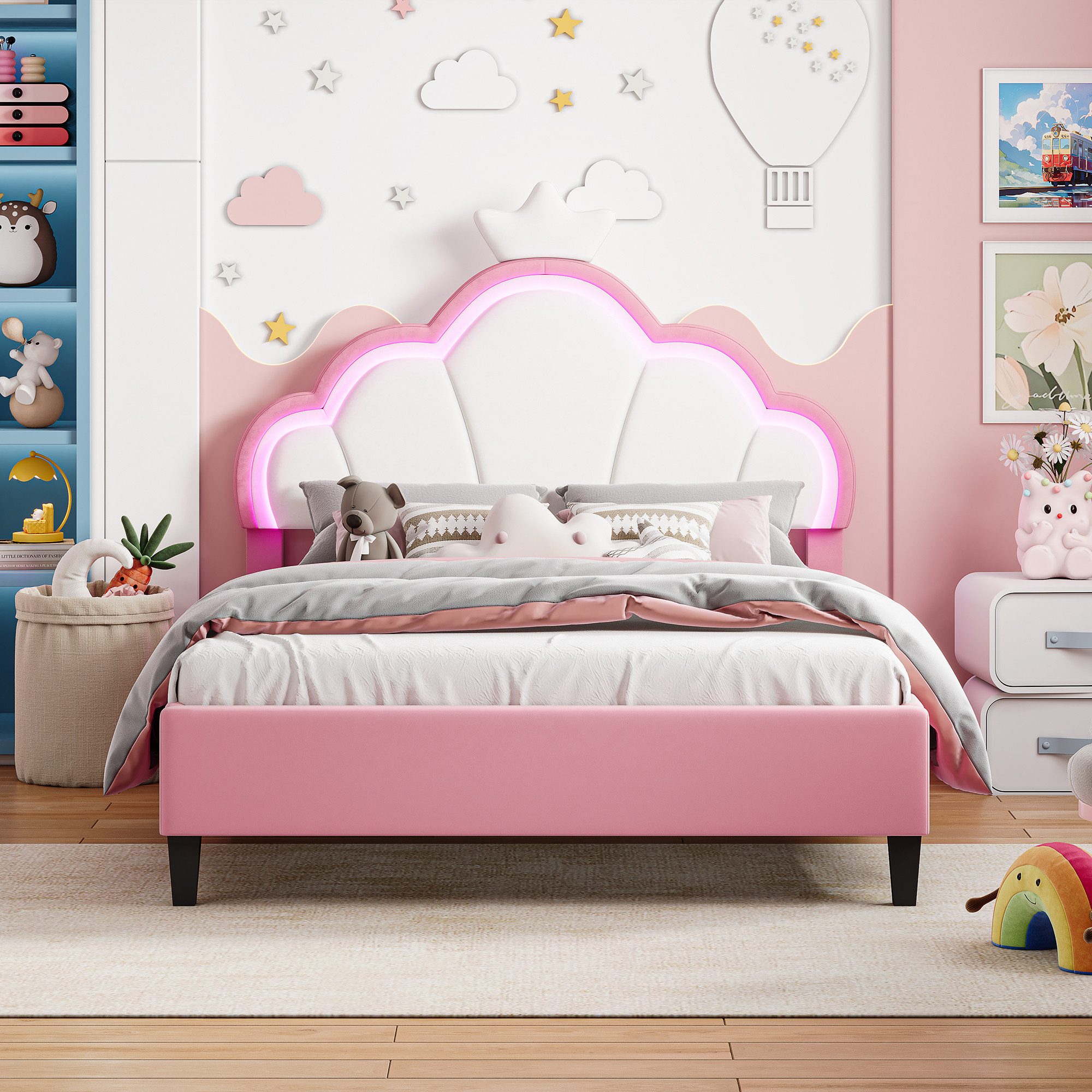 Simurq Kinderbett Mädchenbett 140x190 cm mit LED Verstellbares-Kopfteil in Kronenform (Einzelartikel, Jugendbett Gästebett für kinder/Erwachsenen,ohne Matratze) – Bild 3 von 5
