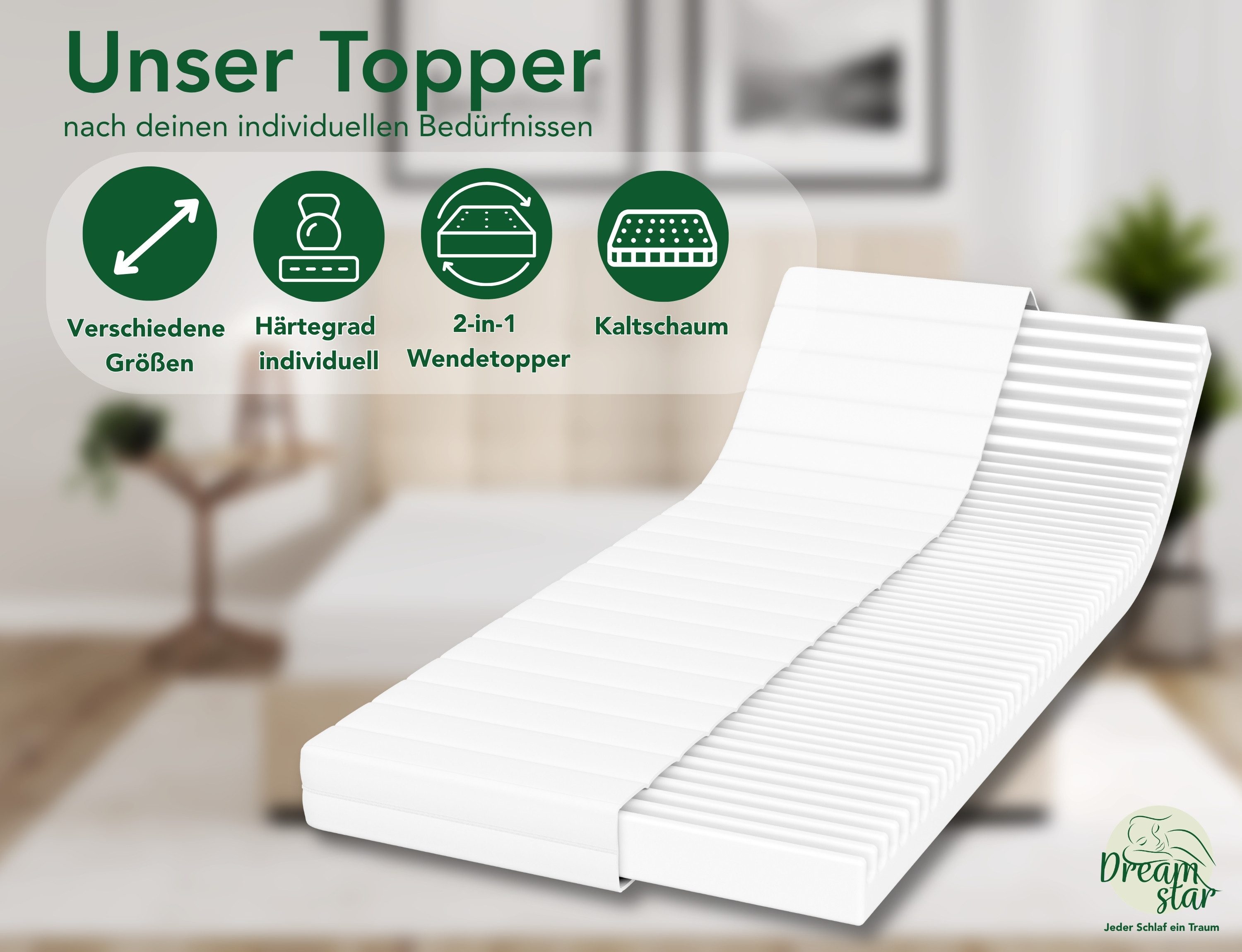 Dreamstar, Topper 10 cm - ergonomischer 7-Zonen Matratzentopper - H2/H3 & H3/H4, 10 cm hoch, verschiedene Größen und Härtegrade - rutschfest, geräuschlos