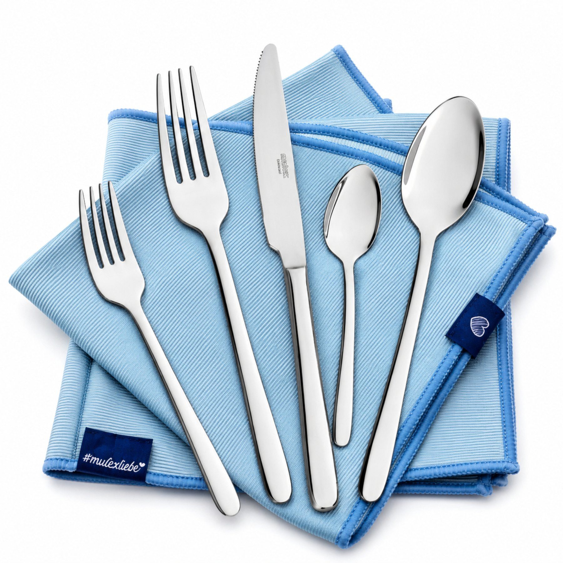 Mulex Besteck-Set Modica, Besteckset mit 3 Multifunktionstüchern (33-tlg), 6 Personen, Edelstahl 18/0, Zeitlos elegantes Besteck mit schlanker Form und edler Optik