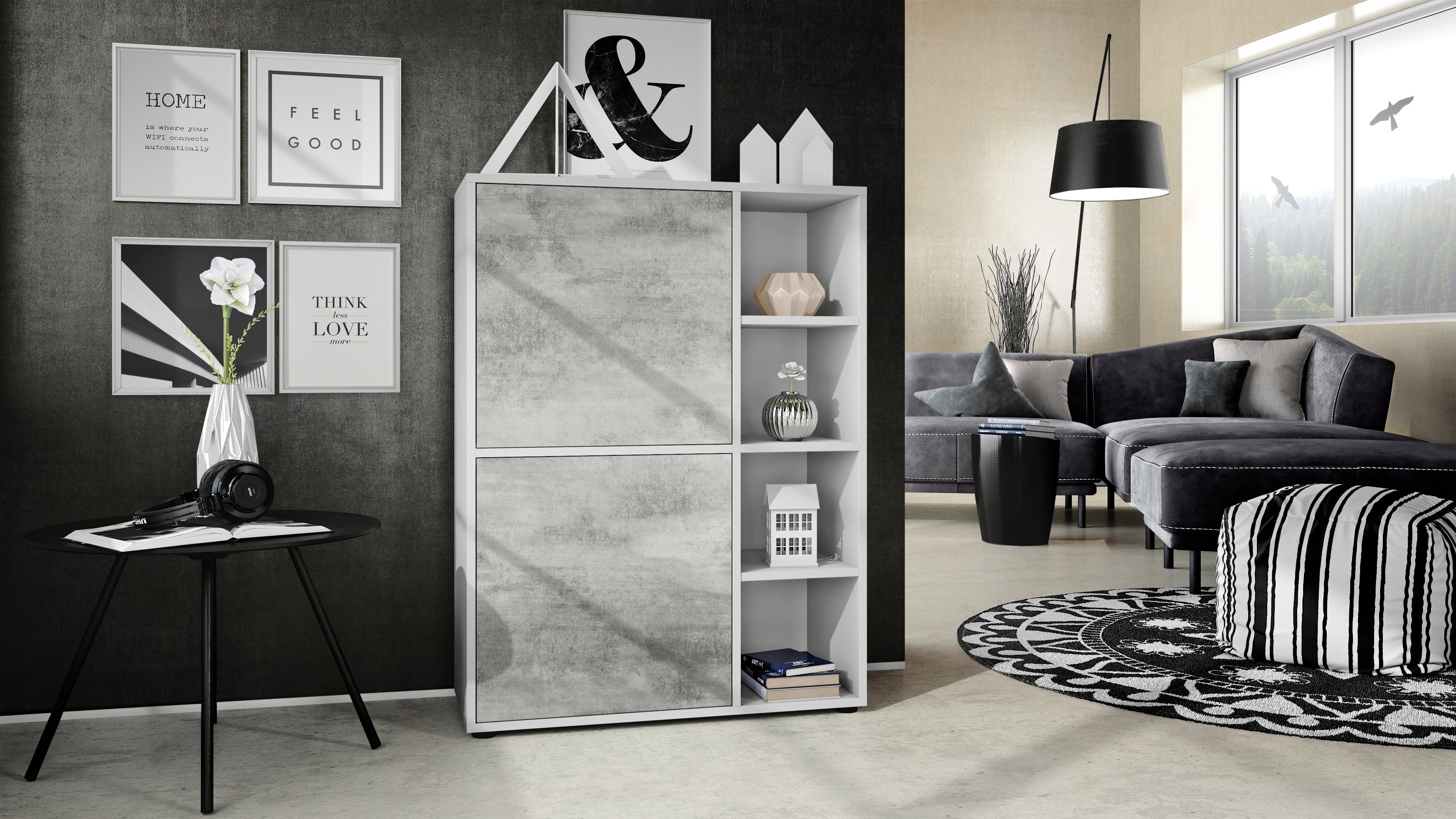 Vladon Highboard Cuba (Anrichte, mit 2 Türen und 4 offene Fächer), Weiß matt/Beton Oxid Optik (79 x 105,5 x 35,5 cm)