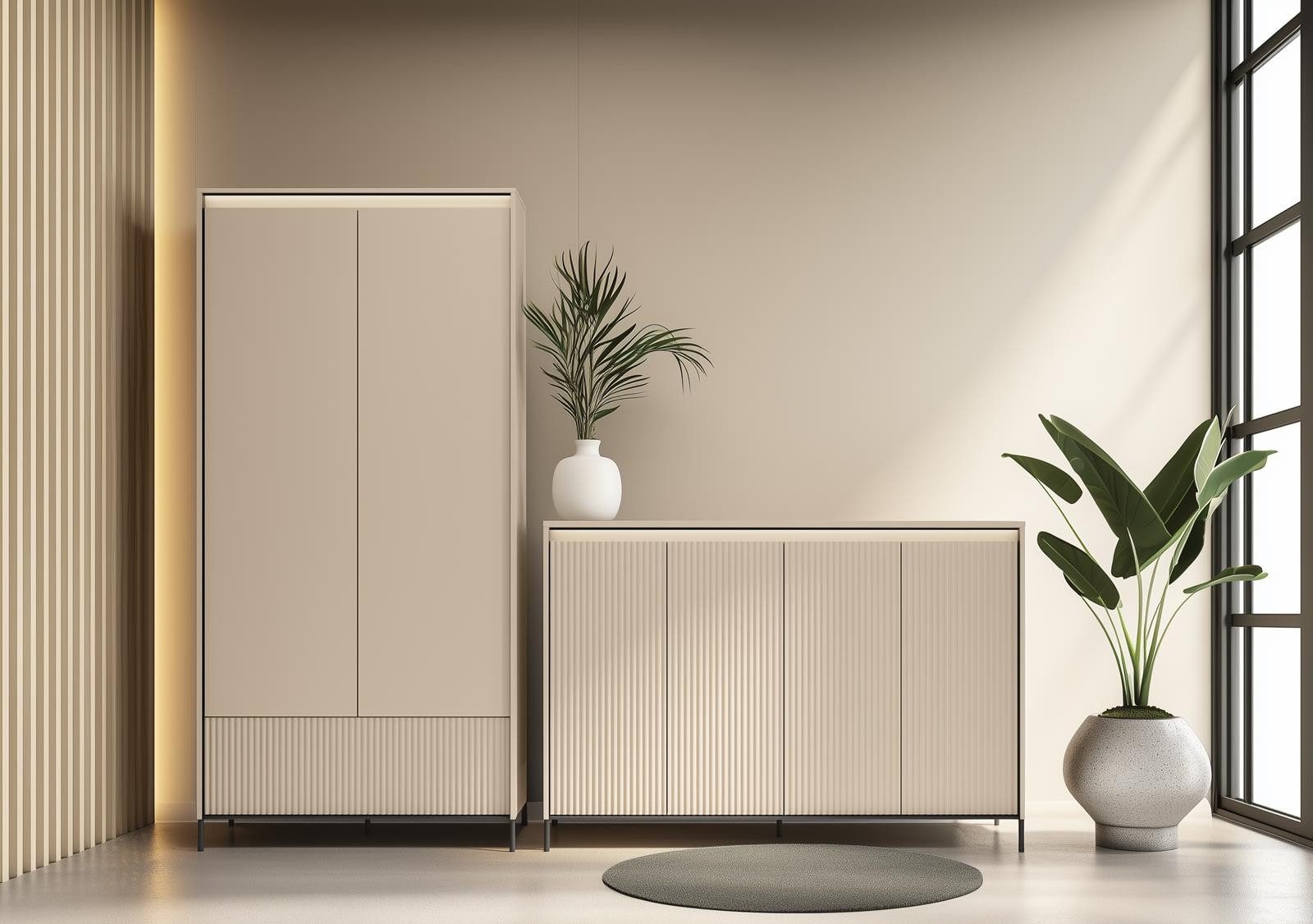 Compleo Garderoben-Set beige, 2x Schrank und Sitzbank FLORE, Flurgarderobe mit Sitzbank