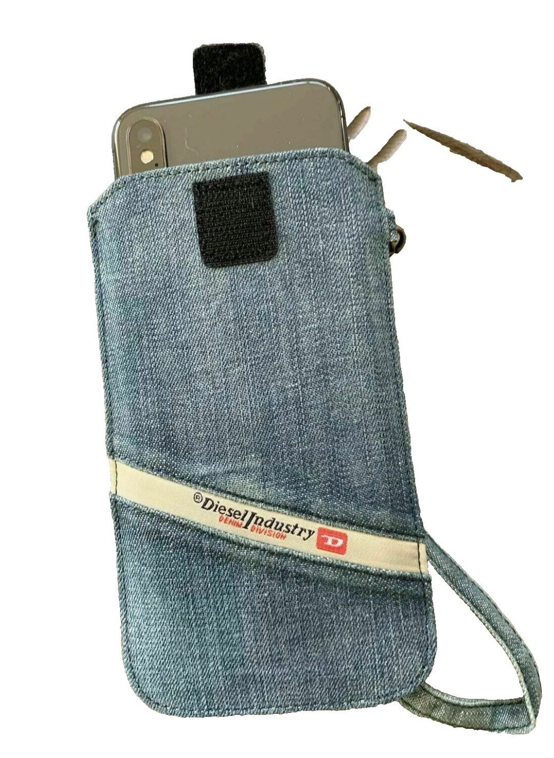 Diesel Clutch Denim Clutch Handy Bag Universal Mini-Tasche aus Jeansstoff, Klettverschluss oben, Diesel Leder-Patch, stabile Verarbeitung
