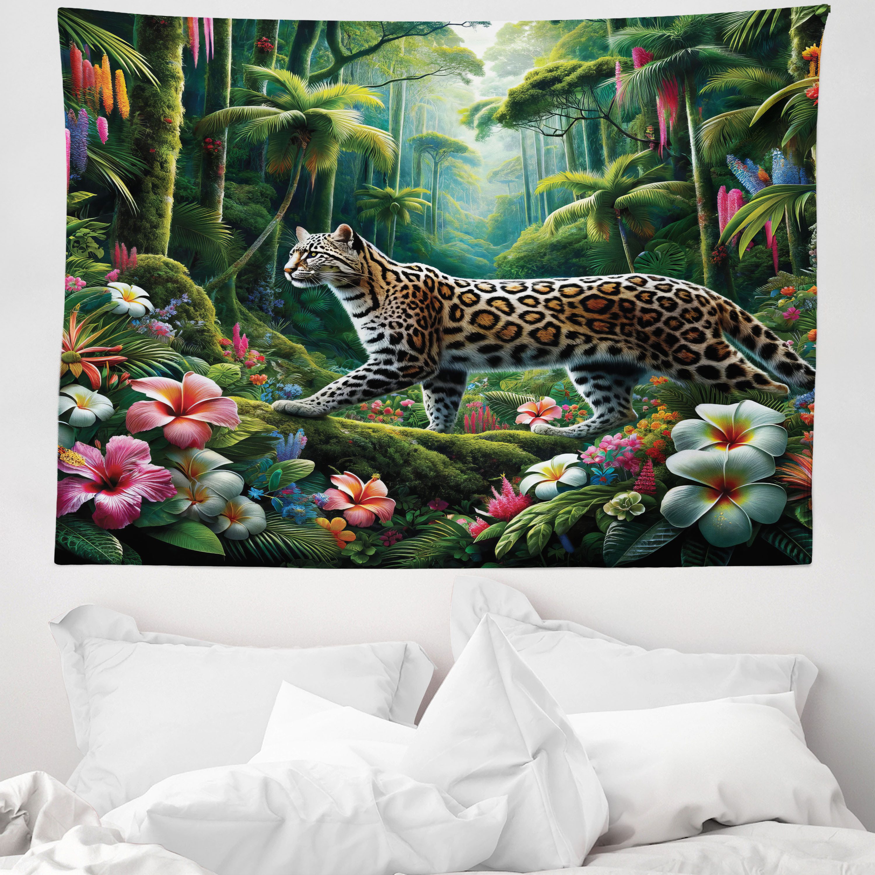 Wandteppich aus Weiches Mikrofaser Stoff Für das Wohn und Schlafzimmer, Abakuhaus, rechteckig, Katze Wildleopard im bunten Dschungel
