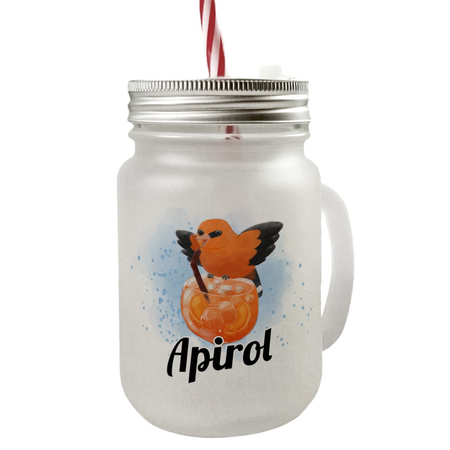Glas Cocktail Vogel Pirol Mason Jar Henkel Trinkglas mit Deckel Spruch