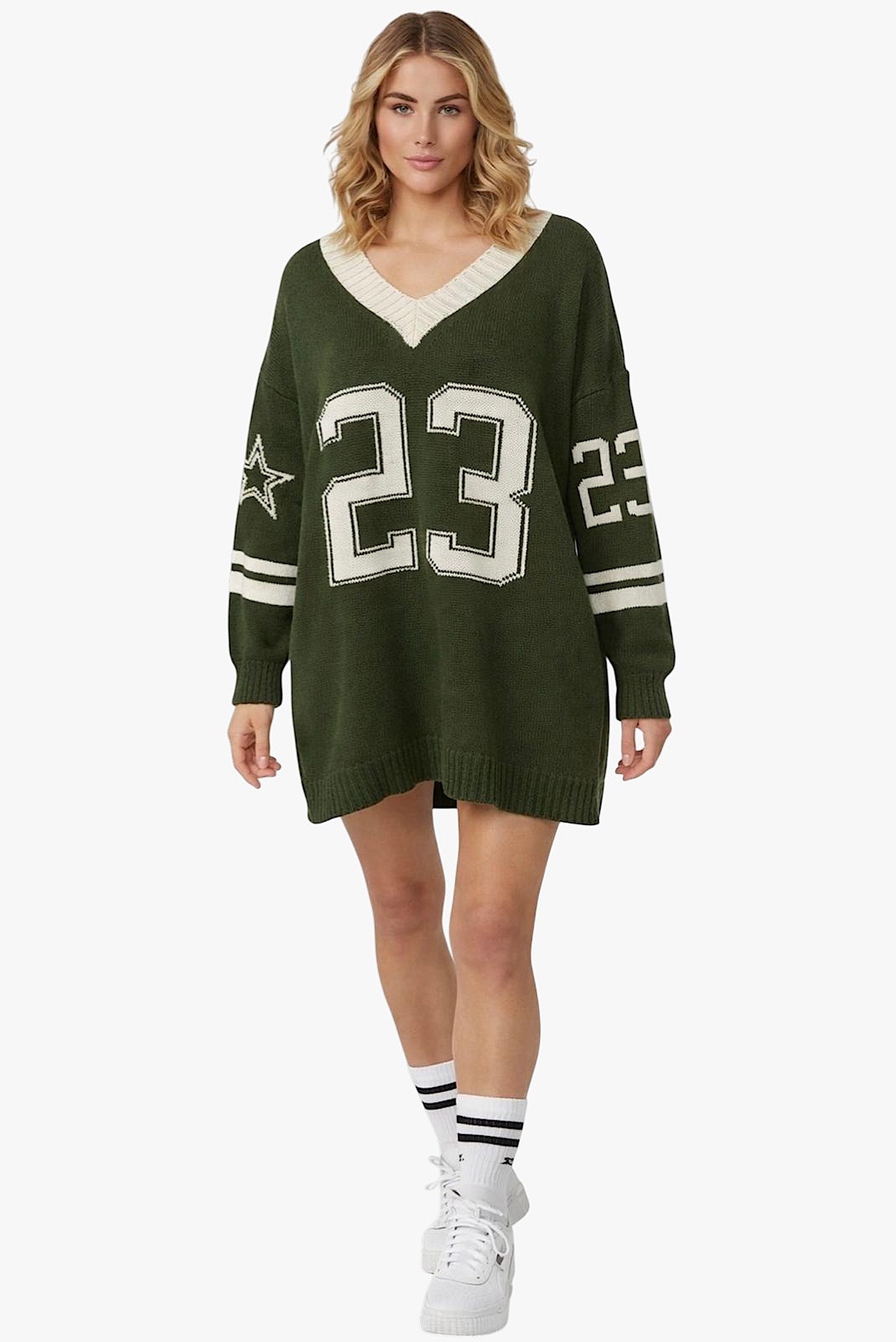 Worldclassca Longpullover WORLDCLASSCA Oversized Strickpulllover College 23 Pulli V-Ausschnitt Neue Kollektion - Stilvolle und gemütliche Strickmode für Damen