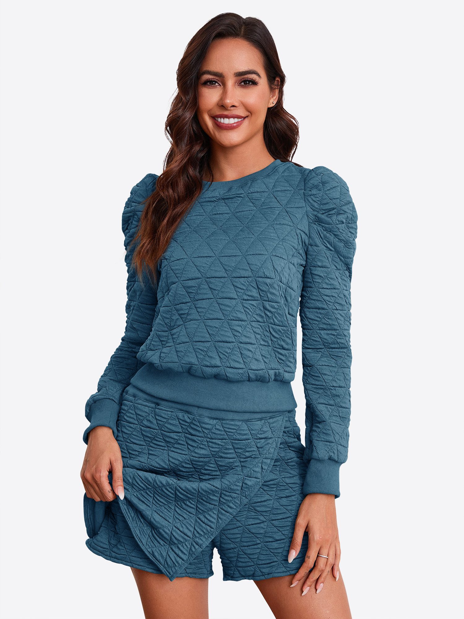 Imily Bela Hausanzug Damen Zweiteiliges Loungewear Set (Set, 2 tlg., Sweatshirt + Sweatshorts) Argyle Muster,casual