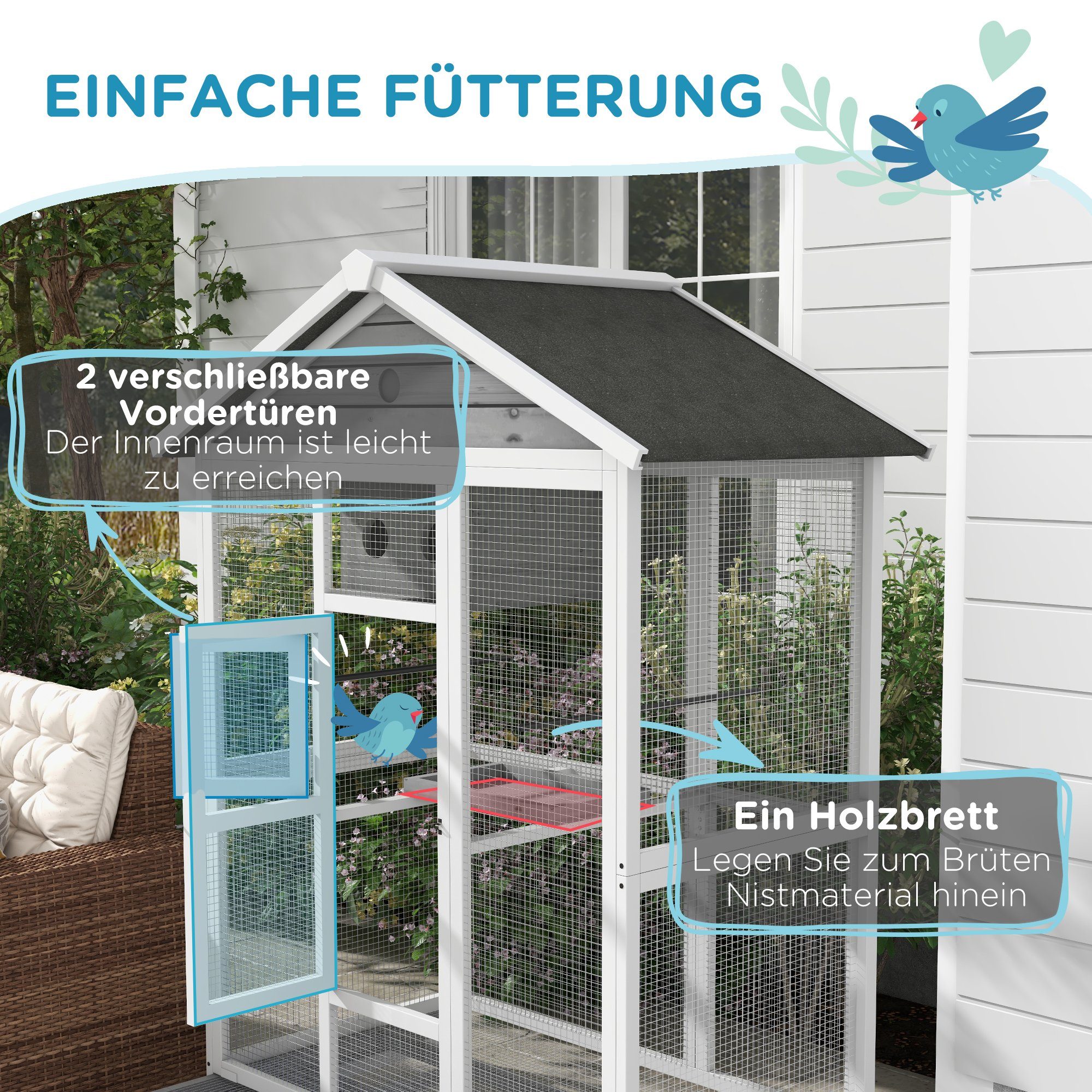 PawHut Vogelkäfig Vogelvoliere aus Holz groß Wellensittichkäfig mit 4 Sitzstangen, für Kanarienvögel, Tanne, 112 x 68 x 154 cm